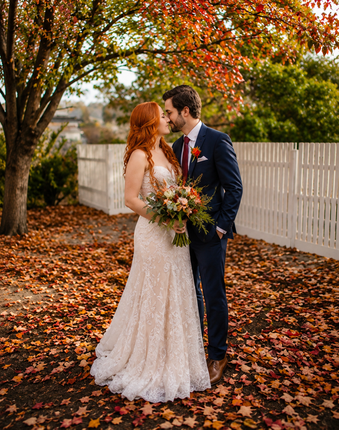 autumn brides hair the same tone as the fallen leaves so beautiful
