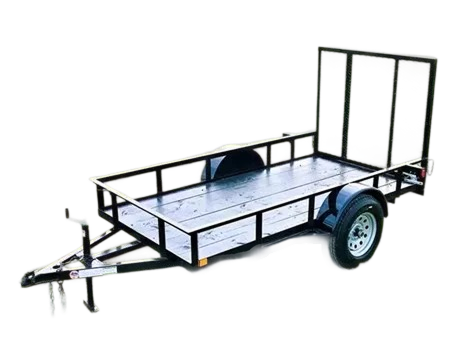 A flatbed utility trailer with a metal frame and black rails, equipped with two wheels and a hitch for towing.