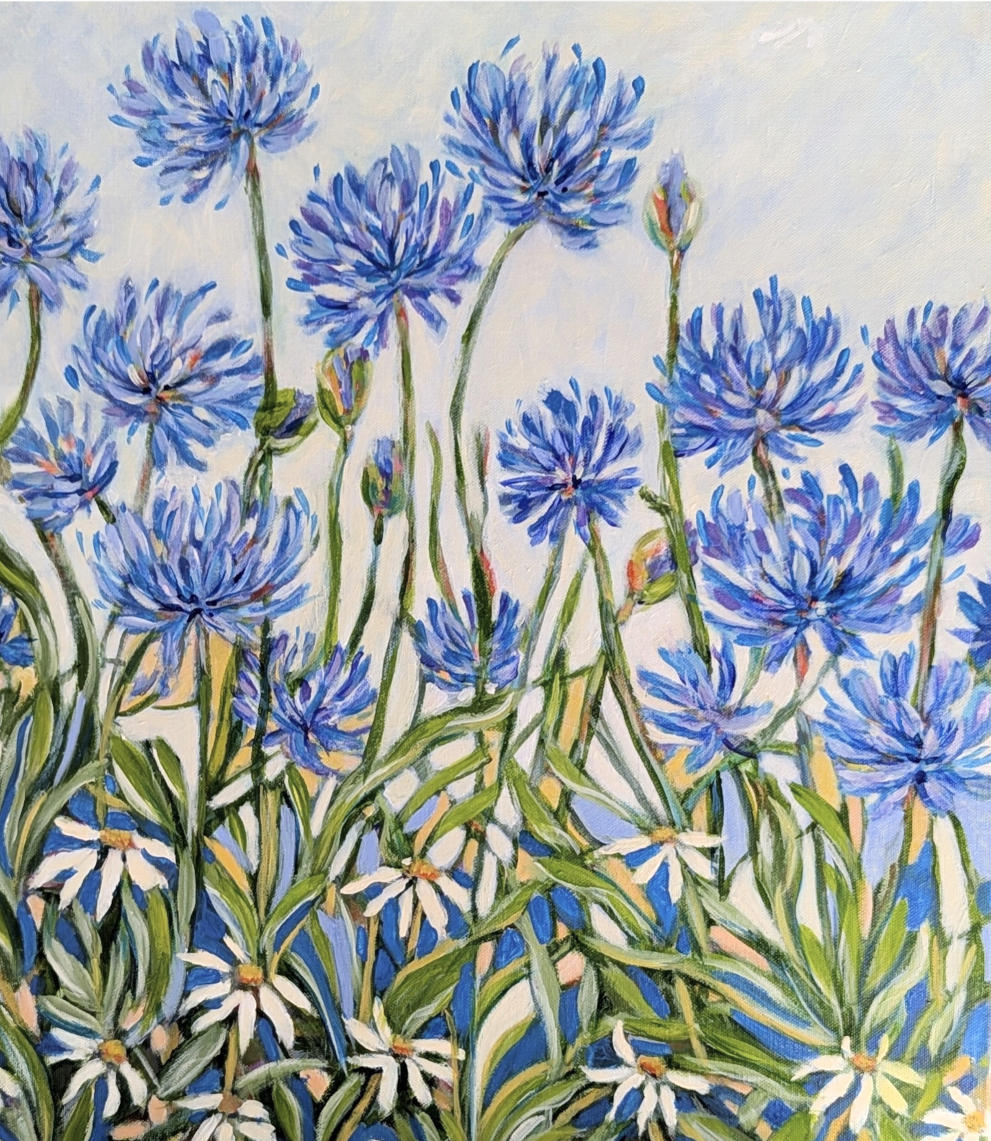 A painting of blue and purple flowers, resembling alliums, with green stems and leaves against a light background.