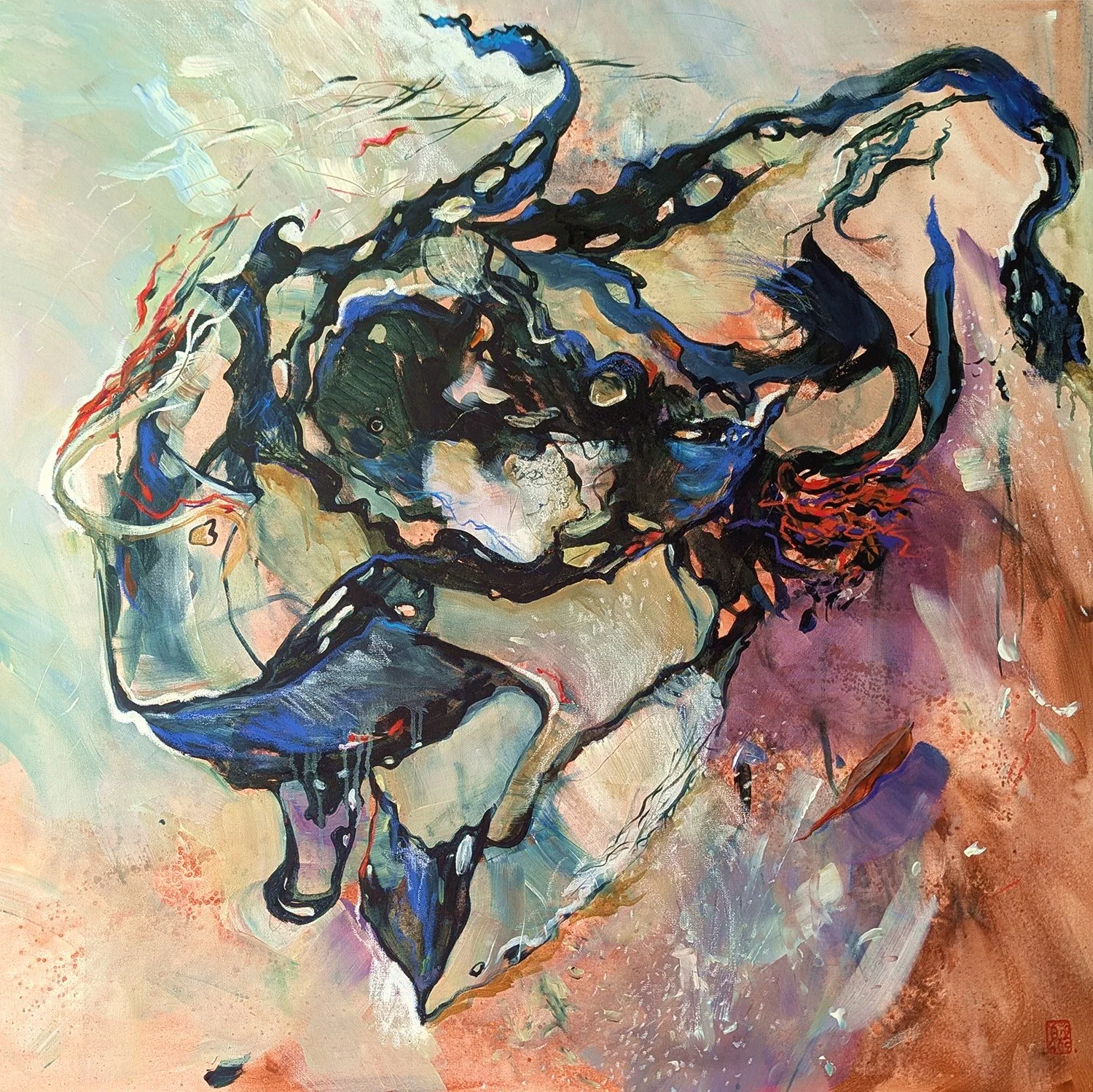 Abstract painting featuring a rhino, painted with bold black lines and washes of blue, pink, and beige with expressive brushstrokes