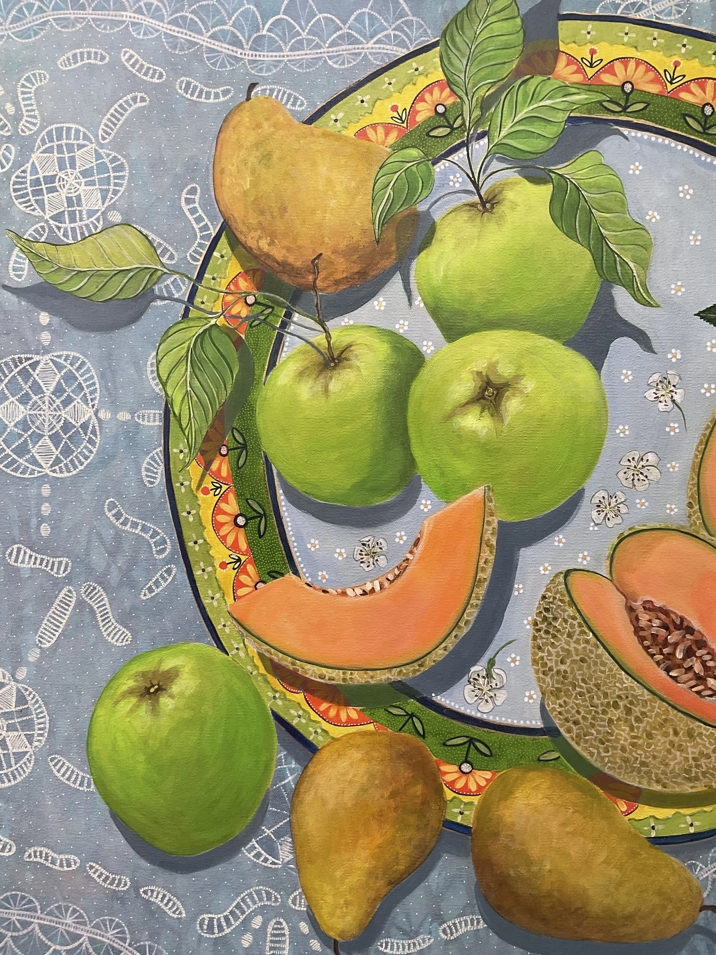 A colorful still-life painting of whole and sliced green apples, ripe pears, and partially cut cantaloupe on a patterned tablecloth.