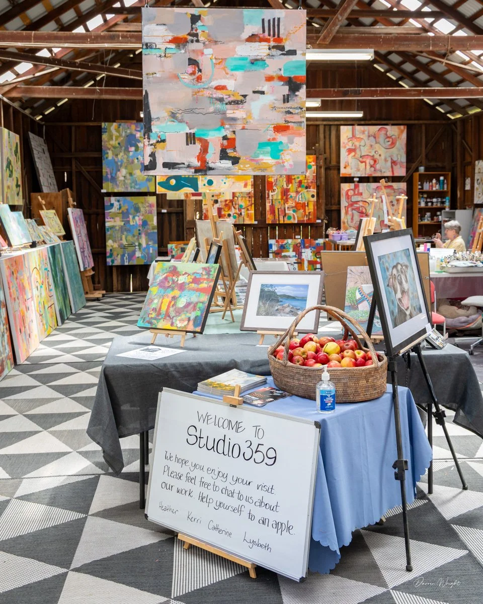 An art studio exhibiting colorful abstract paintings on the walls and easels. A table in the foreground displays framed artwork, a basket of apples, and a sign welcoming visitors to Studio 359. A woman is working at a table on the right side. The studio has wooden walls and a high, sloped ceiling with exposed beams.
