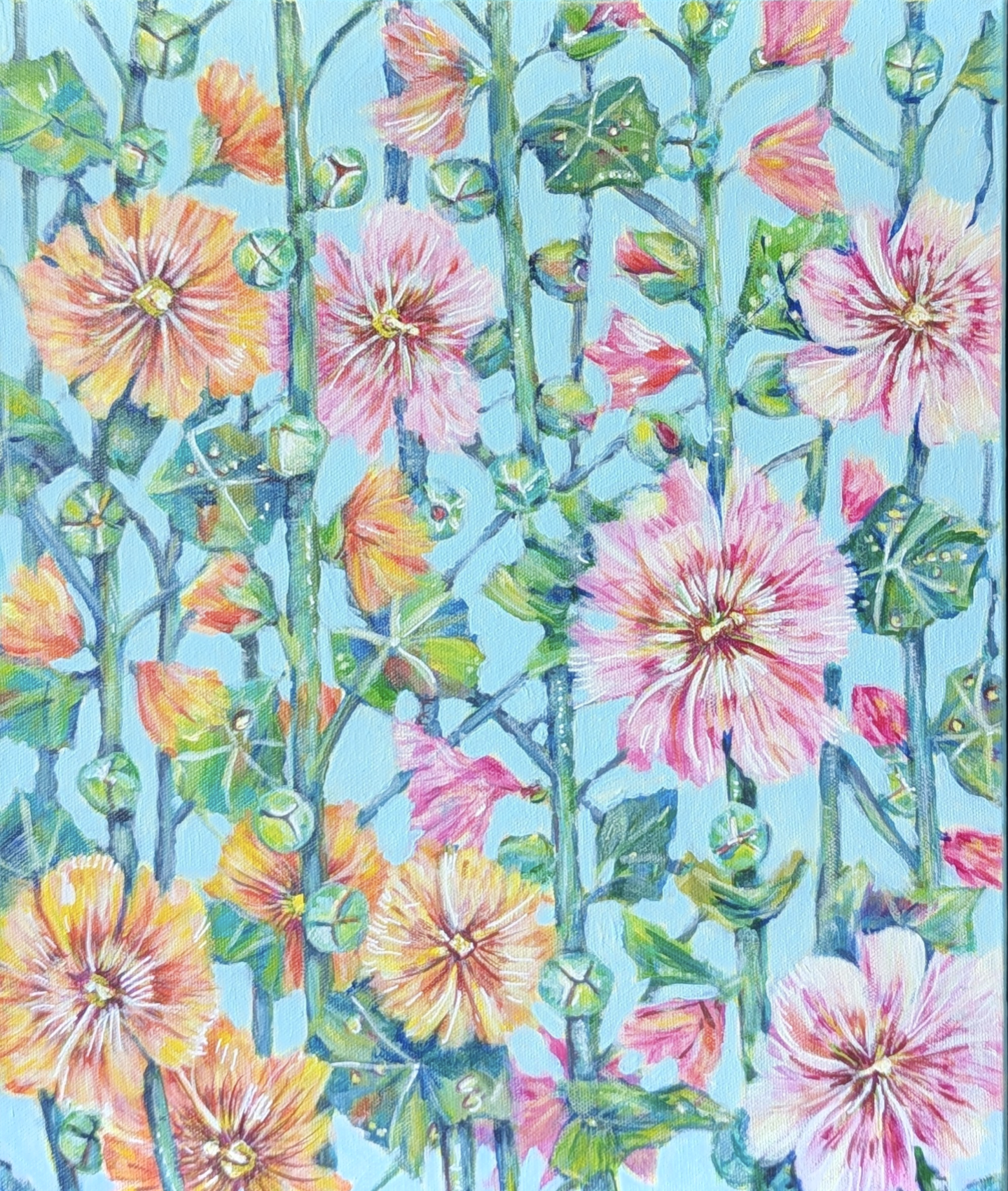 A colorful painting of pink, orange, and yellow flowers with green leaves and stems on a light blue background.