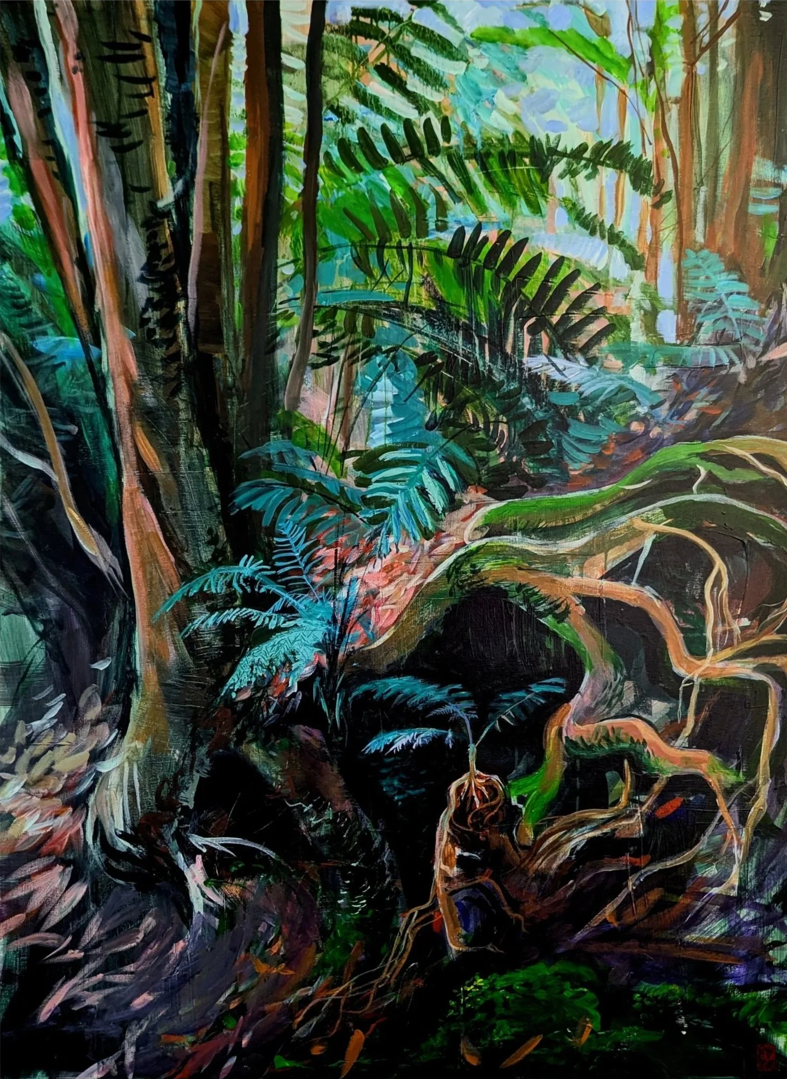 A lush jungle scene with dense green foliage, tall trees, and winding vines.