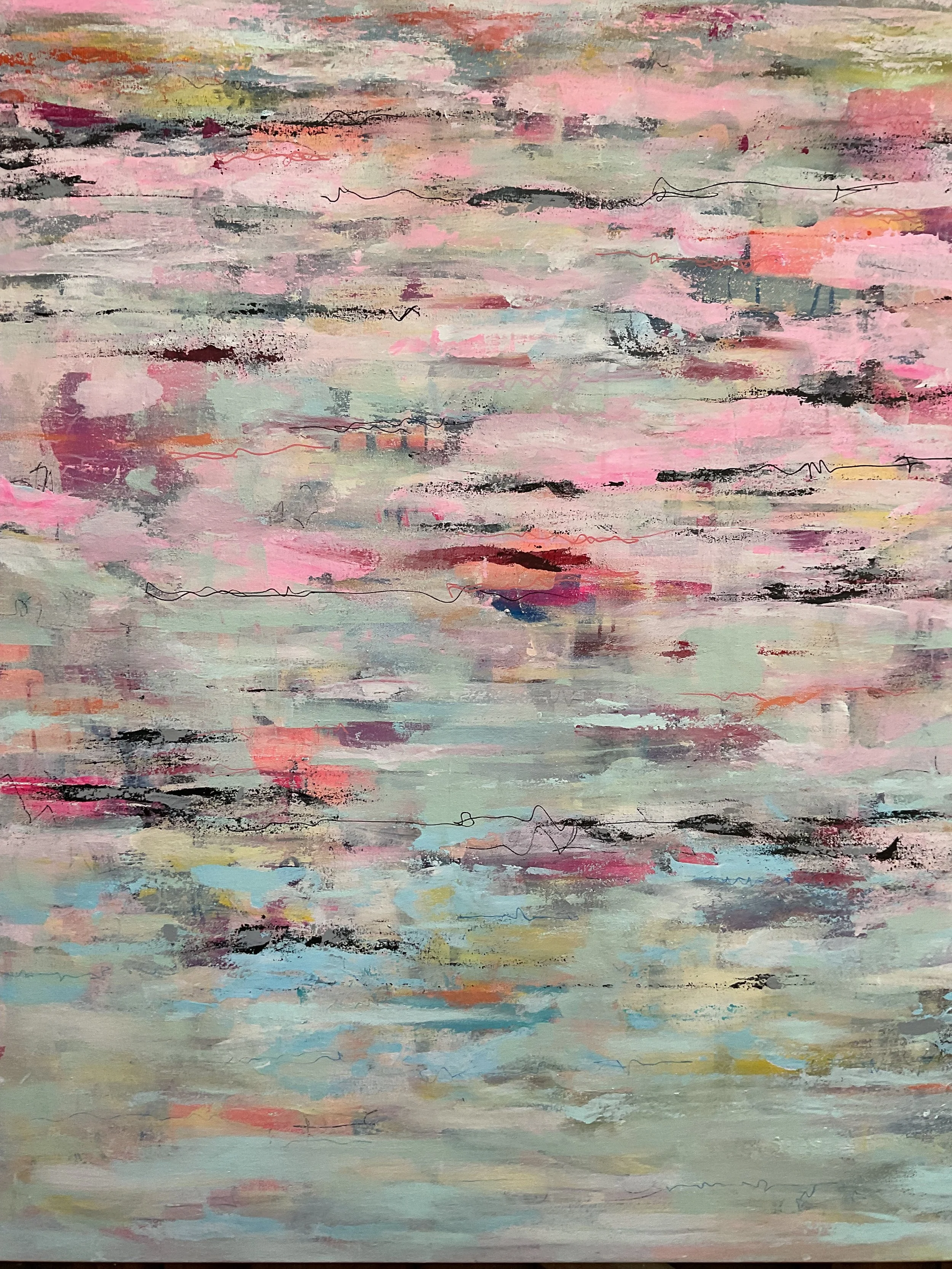 An abstract painting with horizontal streaks of pink, grey, black, and hints of yellow, green, and blue, with some black squiggles and streaks throughout.