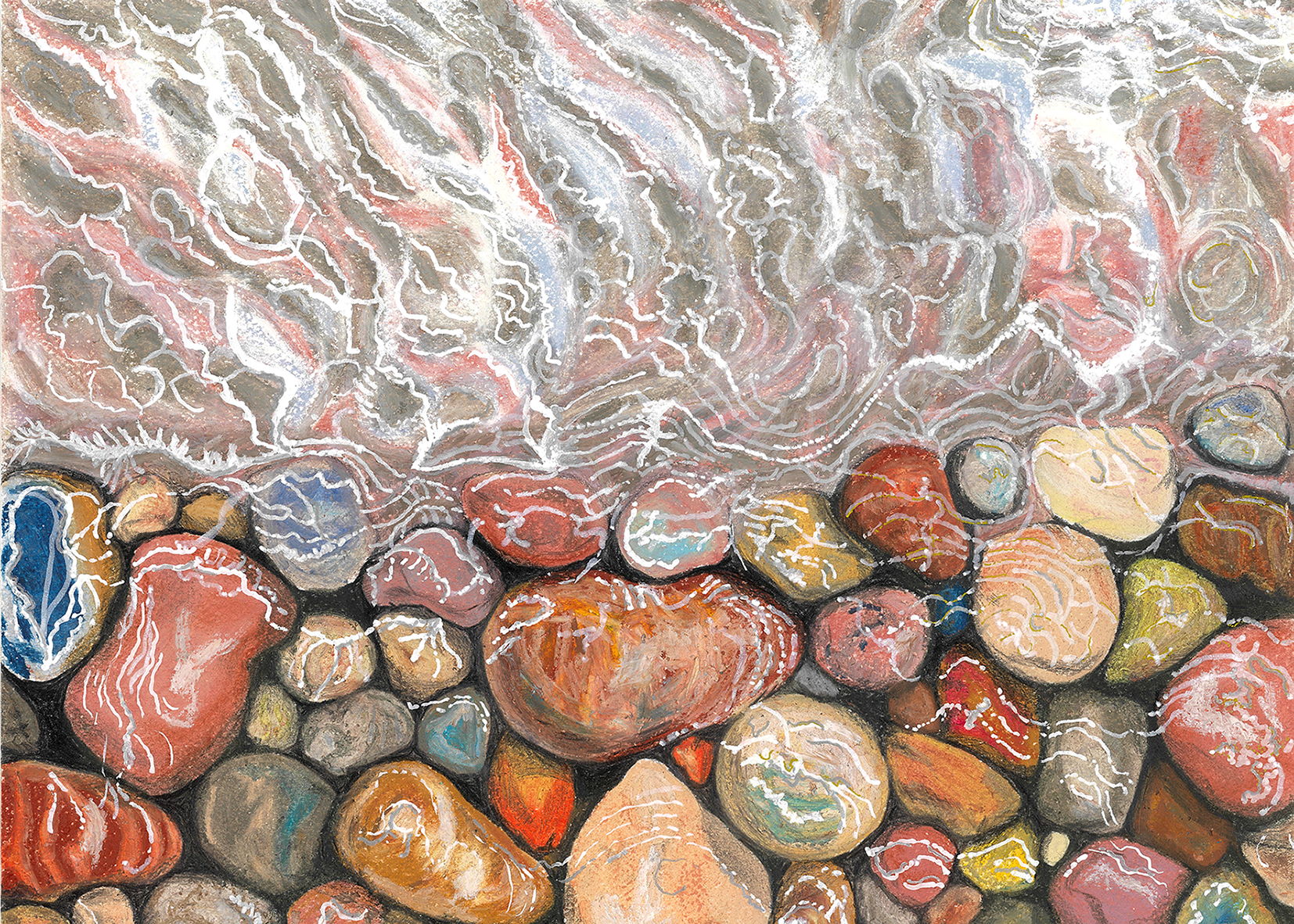 Abstract painting of colorful stones with white and light-colored squiggly lines and patterns over the stones and surrounding area.