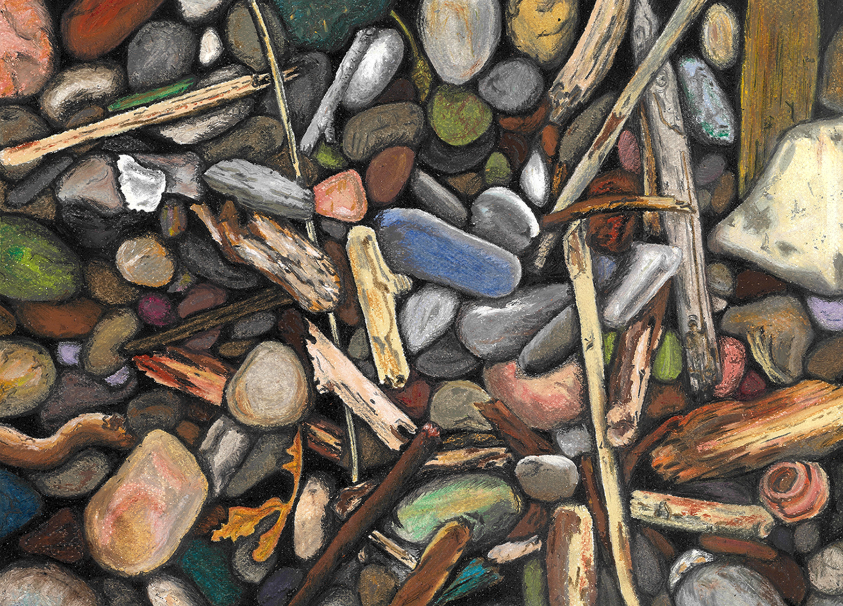 A close-up painting of a collection of various small stones, driftwood, and pebbles, with some colorful and textured elements.