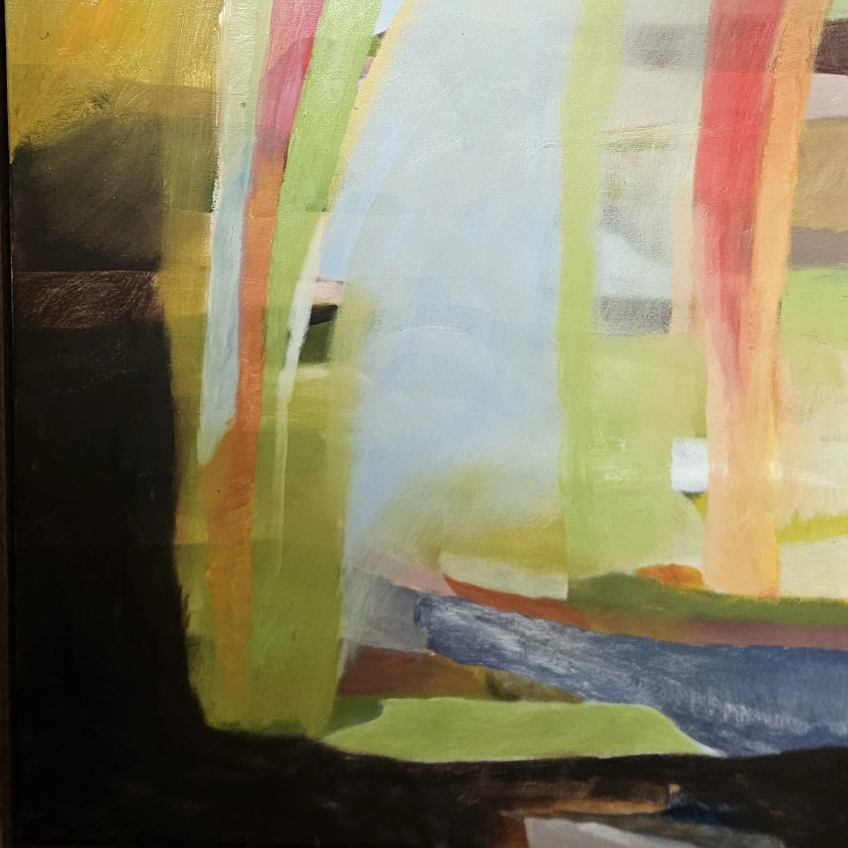 An abstract painting with bold brushstrokes and a vibrant mix of colors including yellow, green, orange, blue, black, and white.