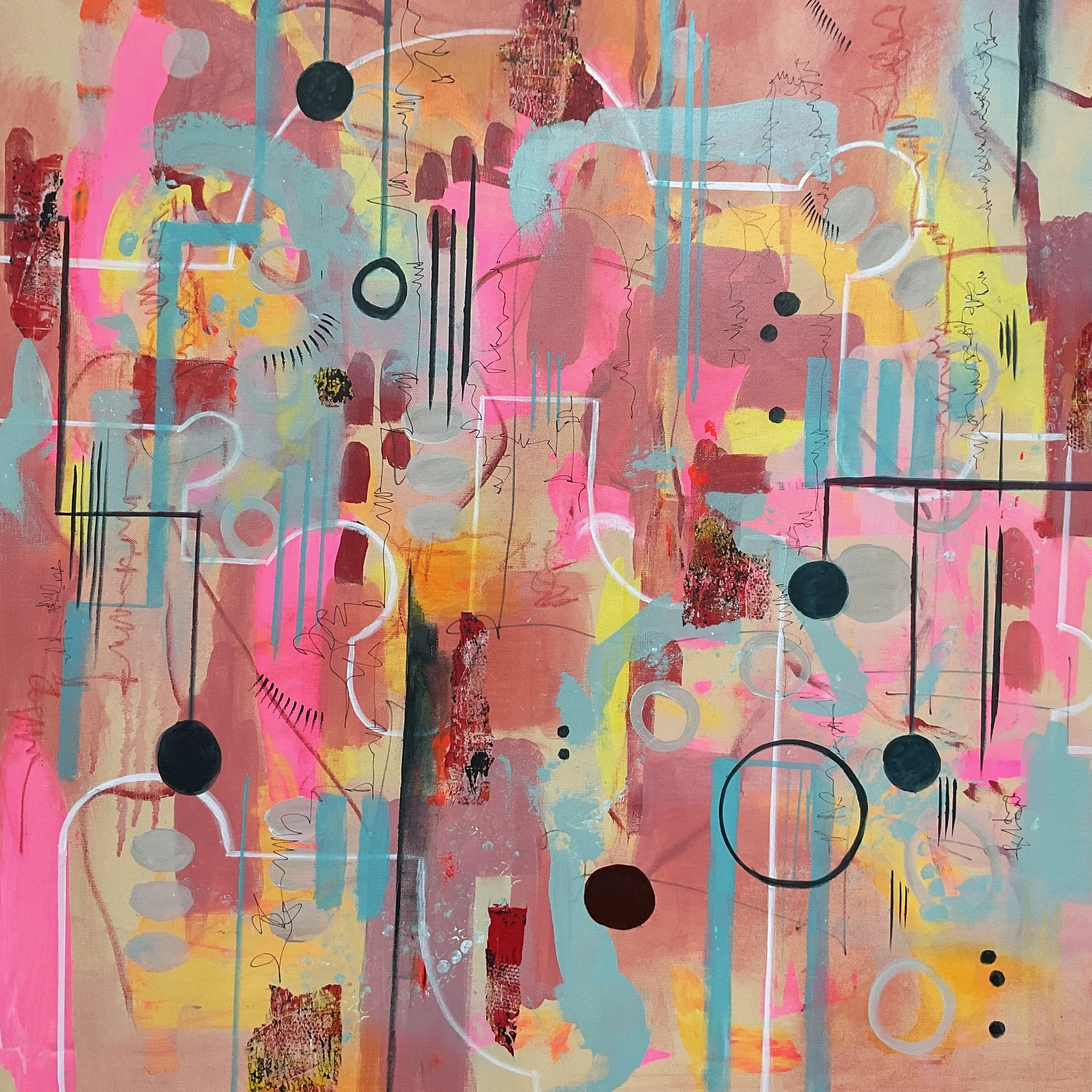 Abstract colorful painting with pink, orange, yellow, blue, gray, black, and red hues, featuring circles, lines, and scribbles.