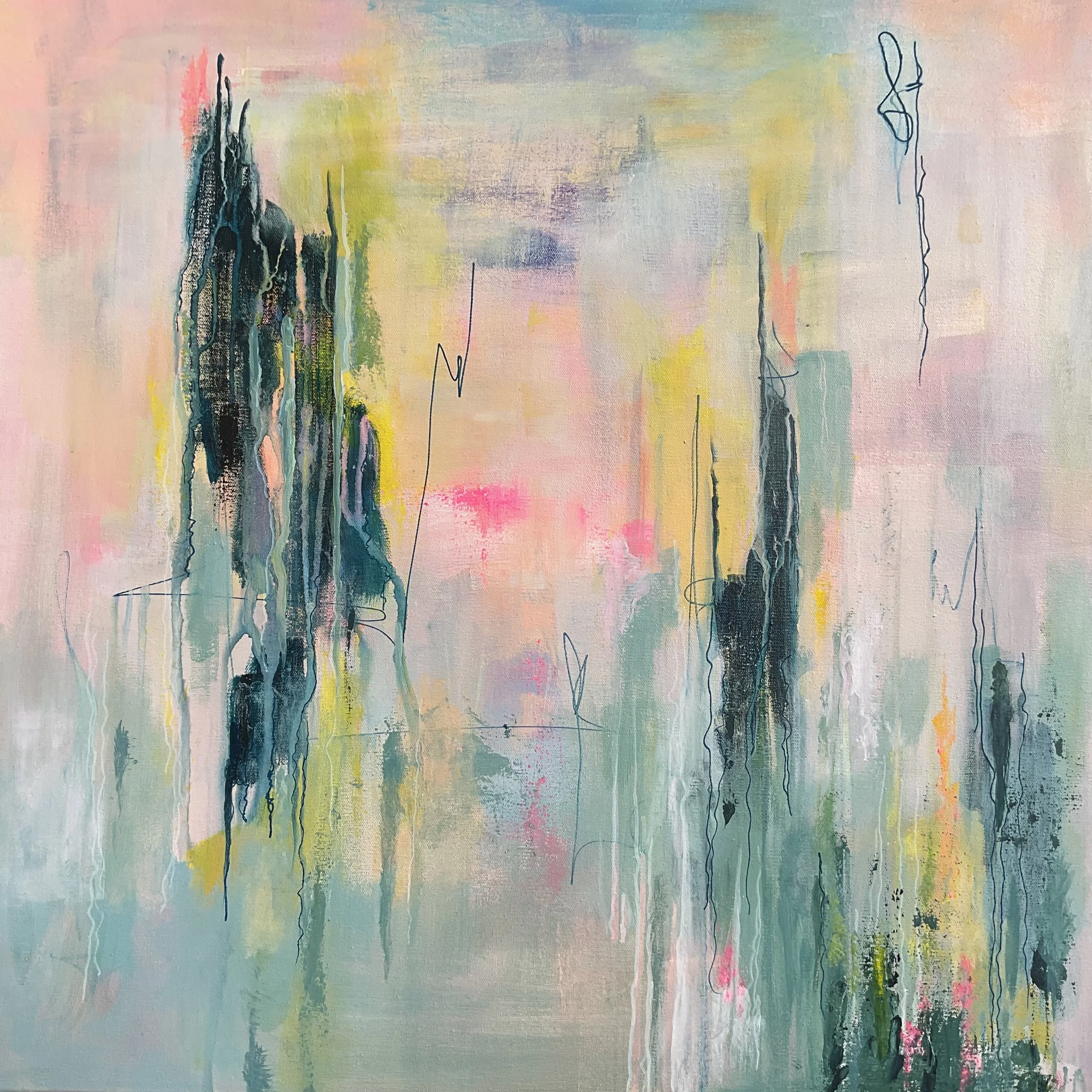 Abstract watercolor painting with light pink, yellow, green, blue, and black streaks and drips.