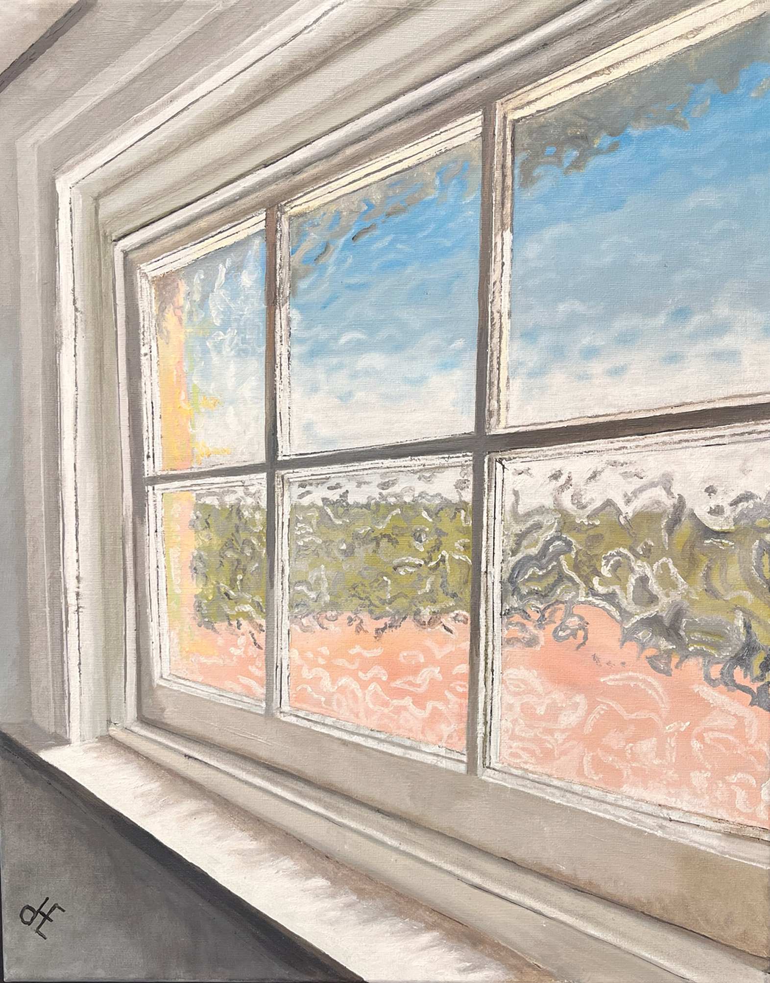 View through a window showing a blue sky with scattered clouds, framed by a white window sash and windowsill, with a reflection of trees outside.