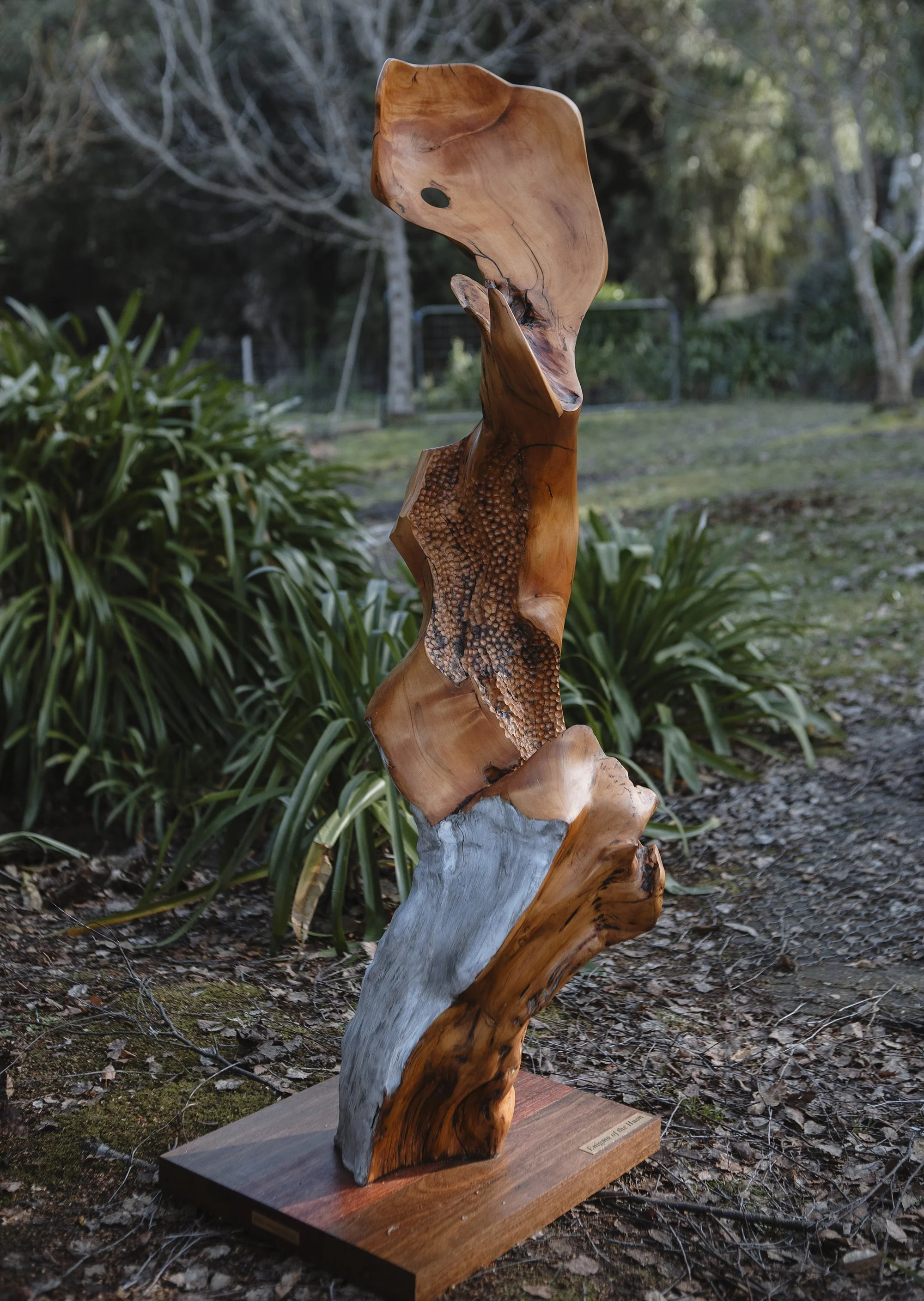 A wooden sculpture of an abstract figure, featuring smooth, polished sections and textured, carved areas, mounted on a wooden base outdoors with trees and greenery in the background.