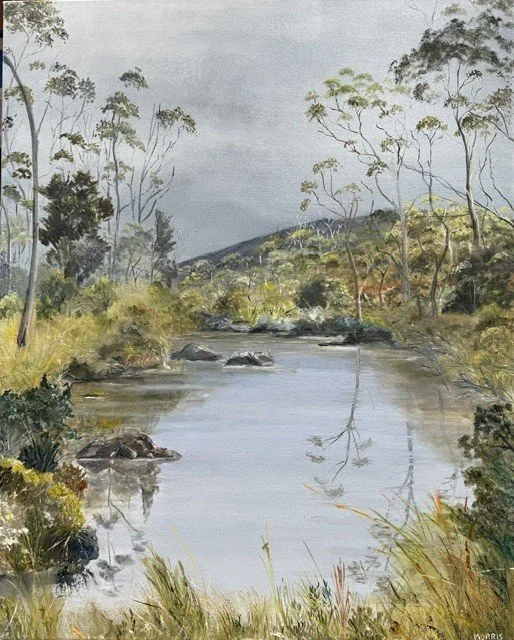 A watercolor painting of a creek flowing through a landscape with trees and grassy hills.