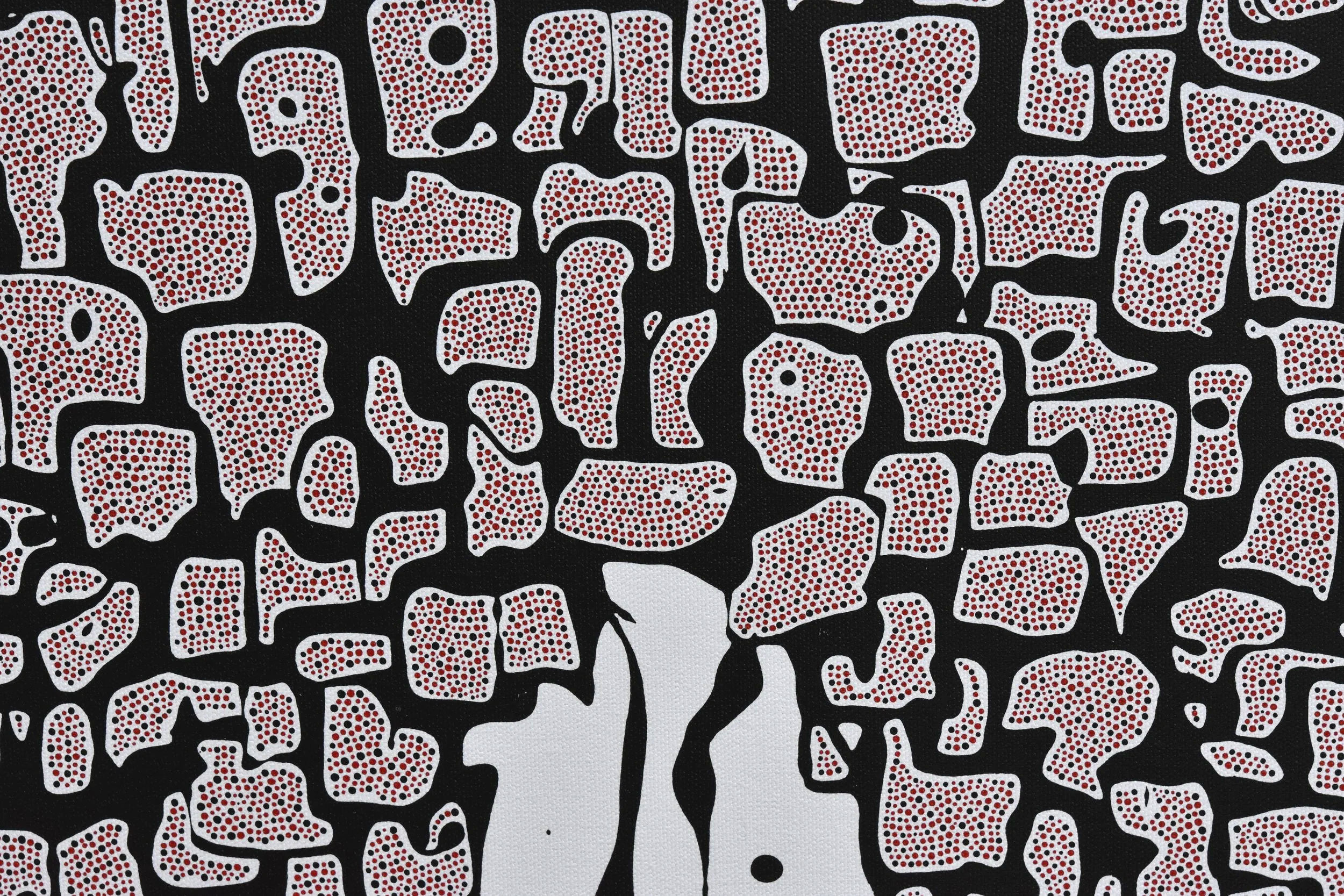 An abstract artwork featuring interconnected irregular white shapes outlined in black, filled with a pattern of red and black dots on a white and black background. Julian Oates