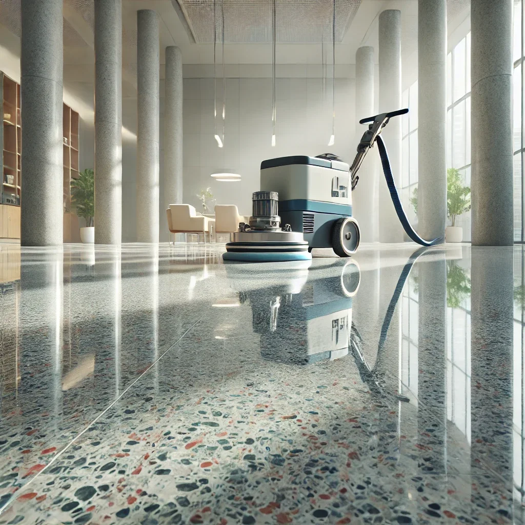 A commercial floor cleaning machine and vacuum cleaner in an empty, spacious, and well-lit modern lobby with terrazzo flooring and large windows.