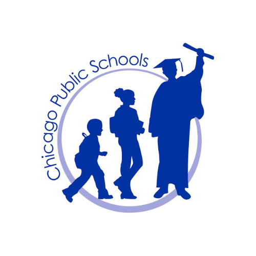 Silhouettes of three children and a graduate holding a diploma, with the text 'Chicago Public Schools' in a circular path around them.