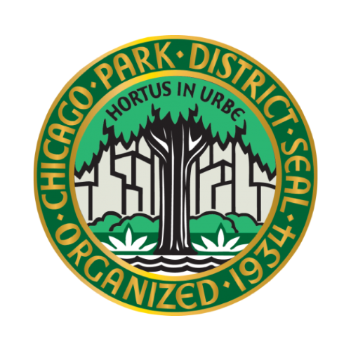 Logo of the Chicago Park District with a large tree, green and gold colors, and the verso Latin phrase 'Hortus in Urbe'.