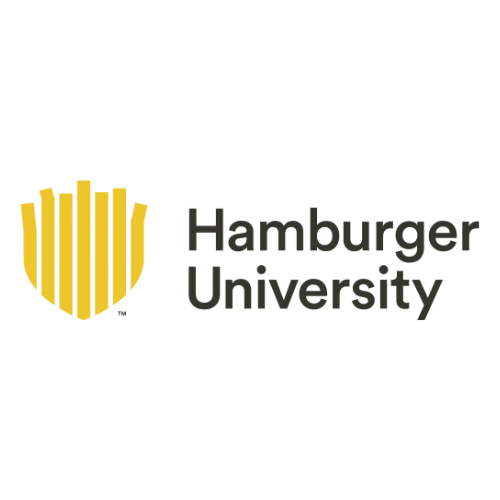 Hamburger University logo with a yellow shield and vertical lines resembling a burger bun, next to the text 'Hamburger University' in black.