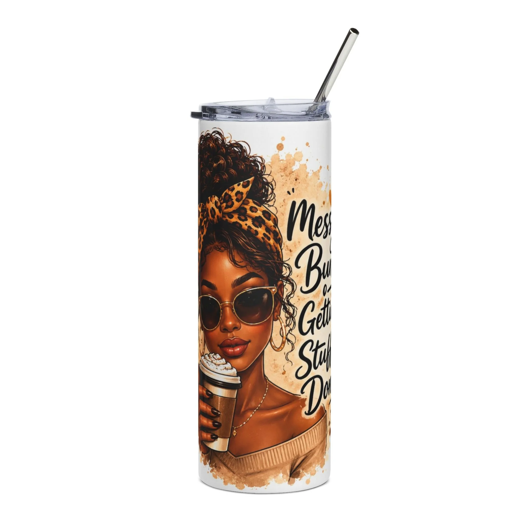 "Messy Buns Getting Stuff Done" Leopard Print — 'Mom Boss' Travel Cup | 20oz  Stainless Steel Tumbler