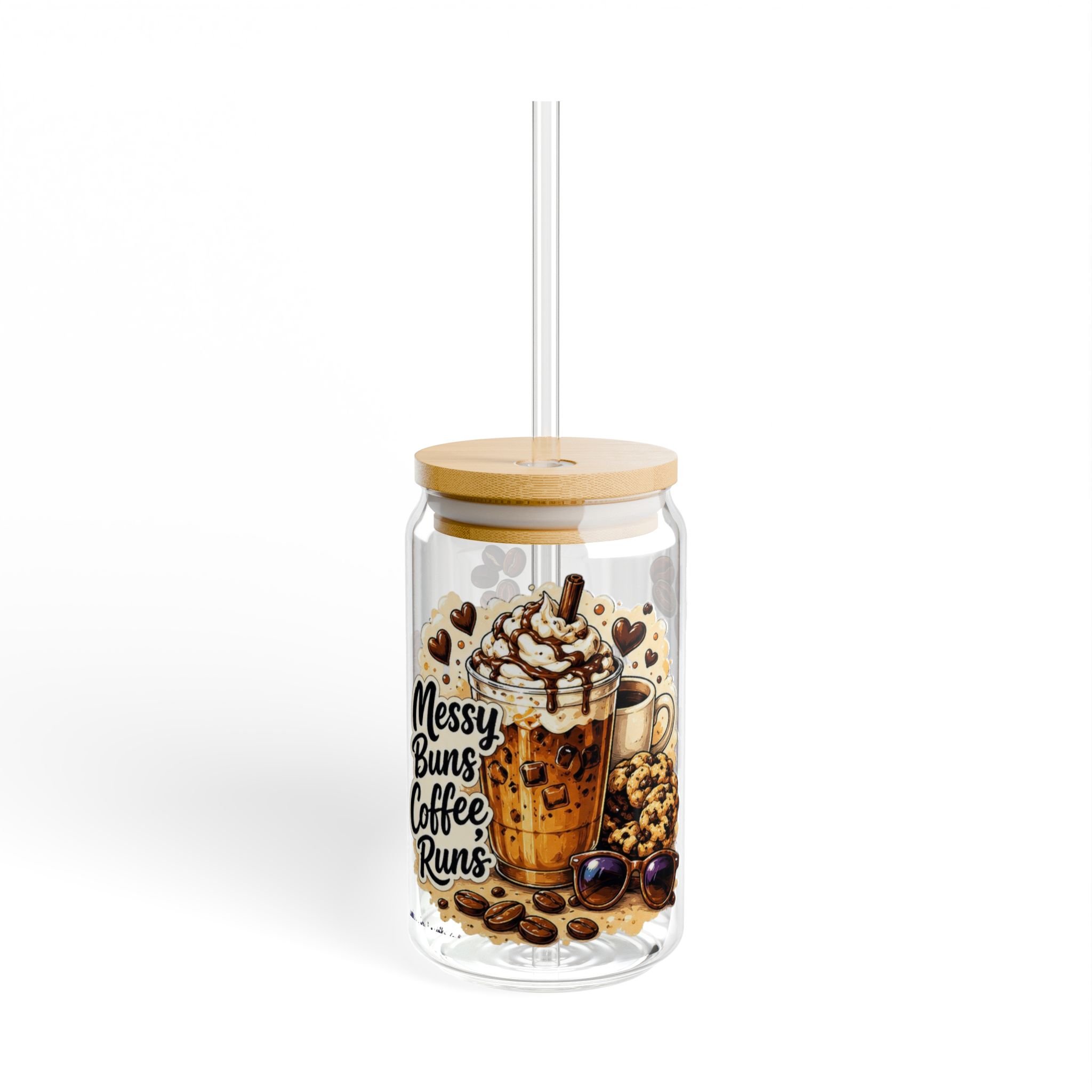 "Messy Buns Coffee Runs" | 16oz Travel Sipper Glass Cup