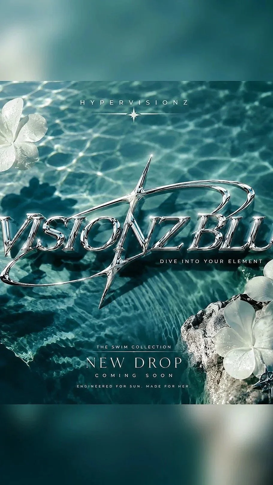 Cover image for Visionzu swim collection featuring a water background with white flowers, metallic text, and promotional details for a new product drop.
