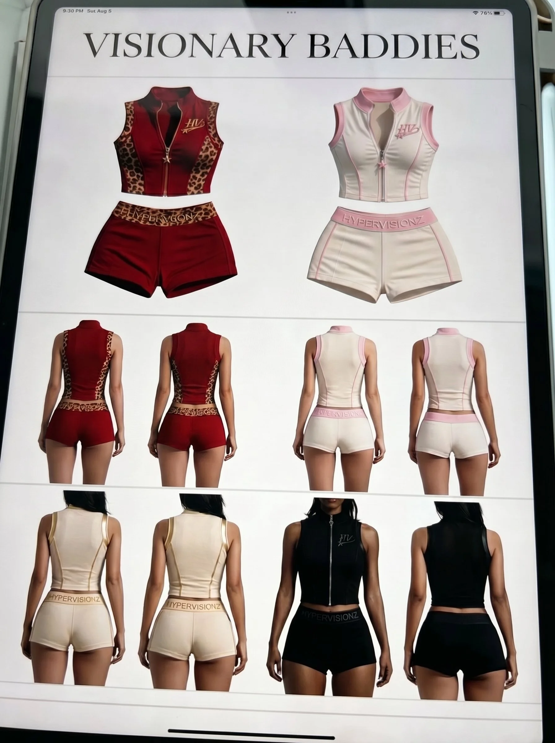 Display of a collection of athletic outfits for women, including tops and shorts in various colors and designs, with model back views showing different angles and styles.