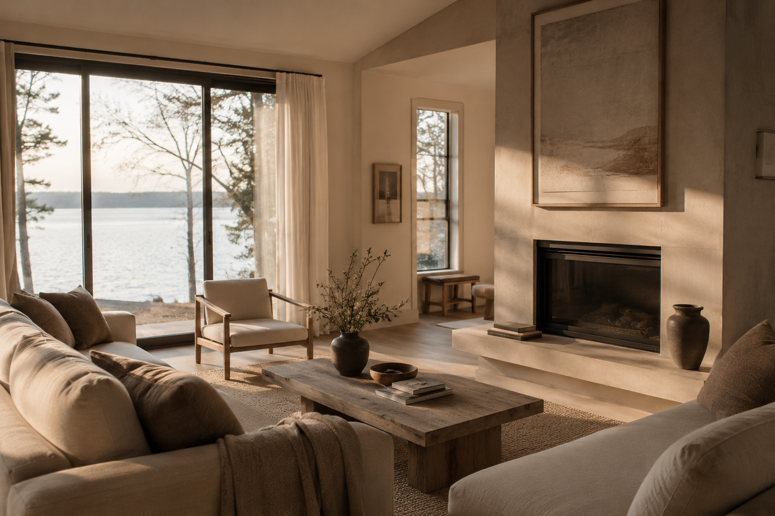 Living room with beige sofas, a wooden coffee table, decorative vases, a fireplace, large sliding glass doors showing a lake and trees outside, and warm natural light.