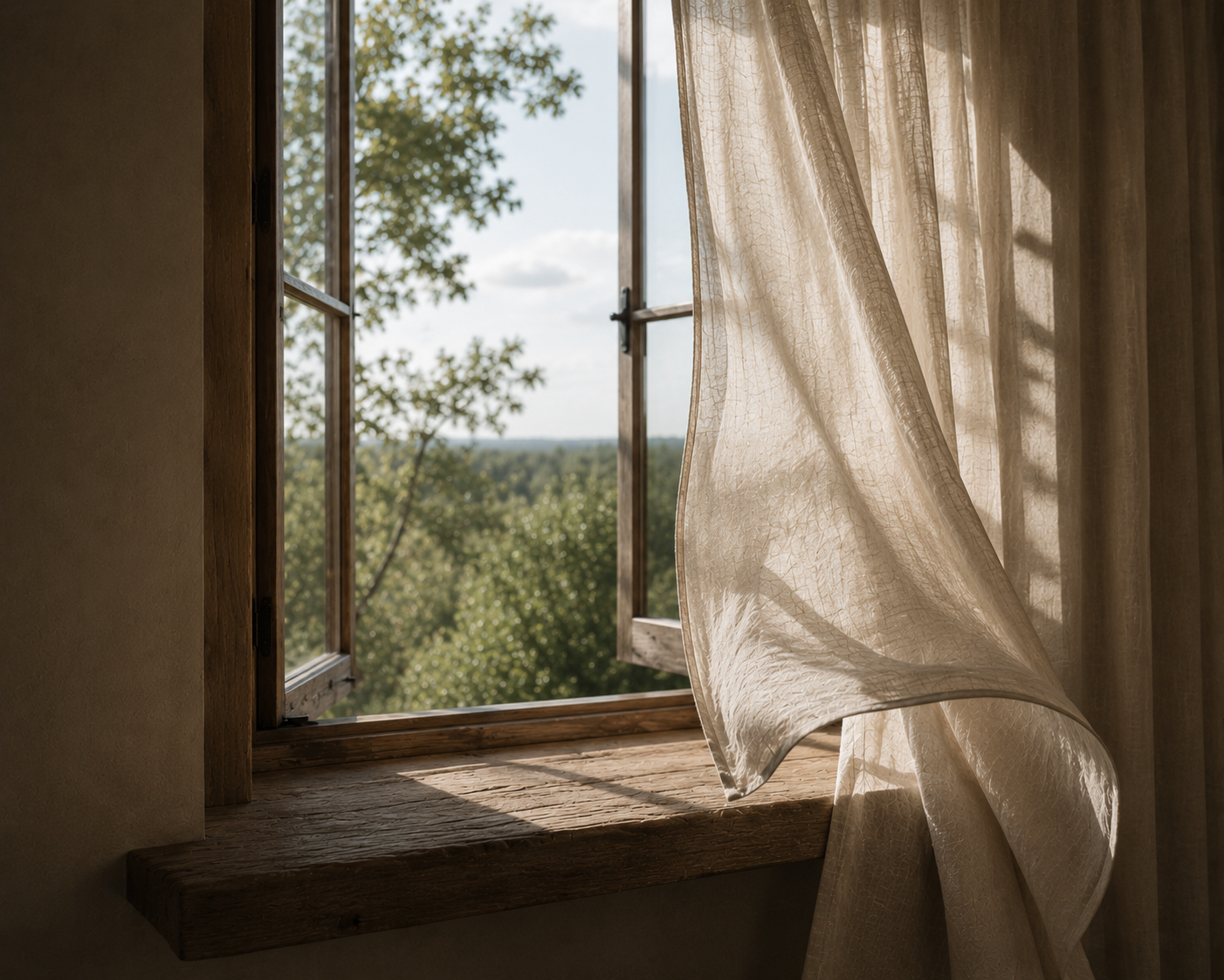 Sunlit linen curtain moving beside an open window overlooking a wooded landscape in calm West Michigan interior