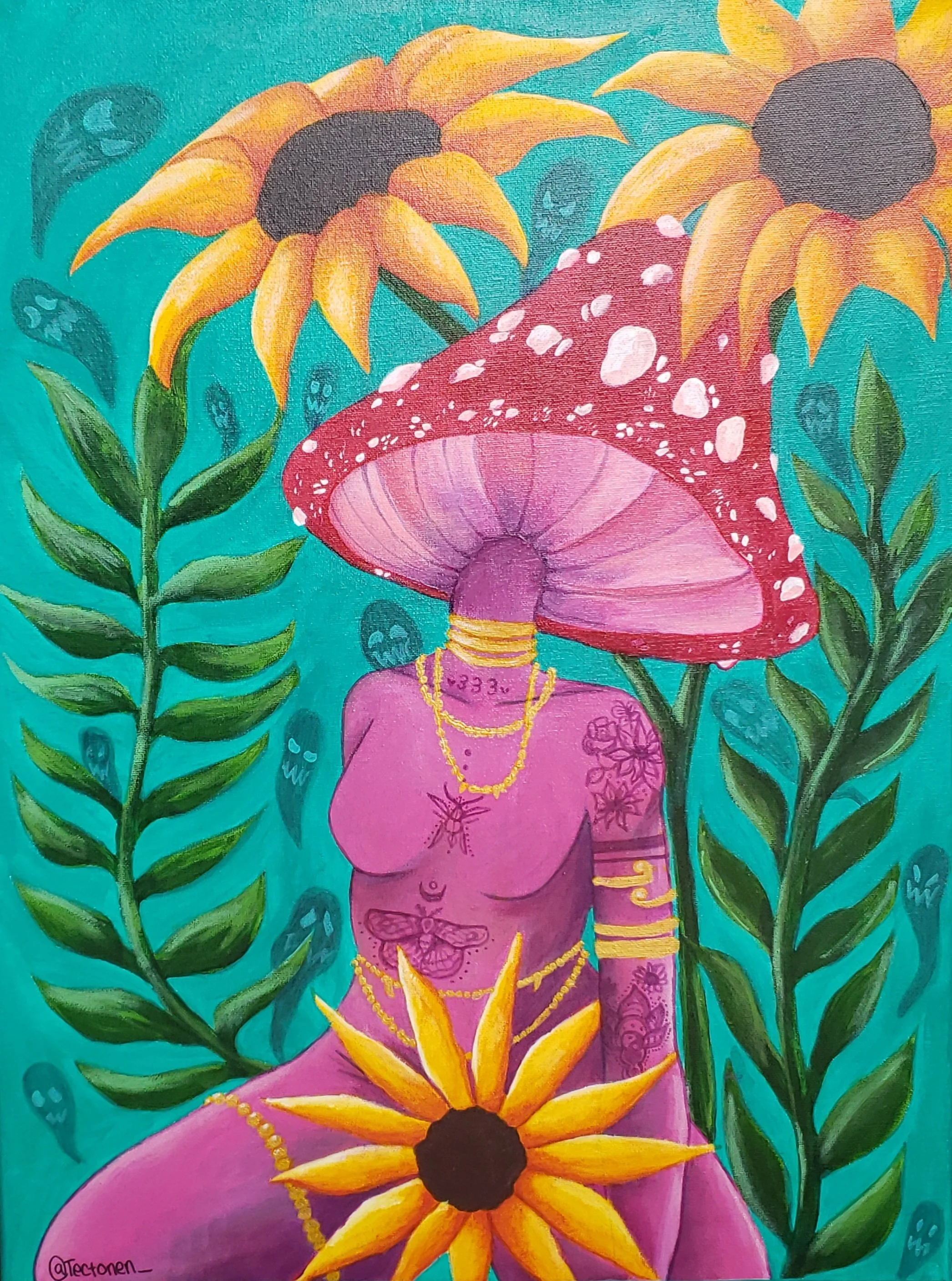 A colorful painting featuring a pink woman with tattoos and gold jewelry standing amidst large sunflowers and green leaves on a teal background with small skull illustrations.