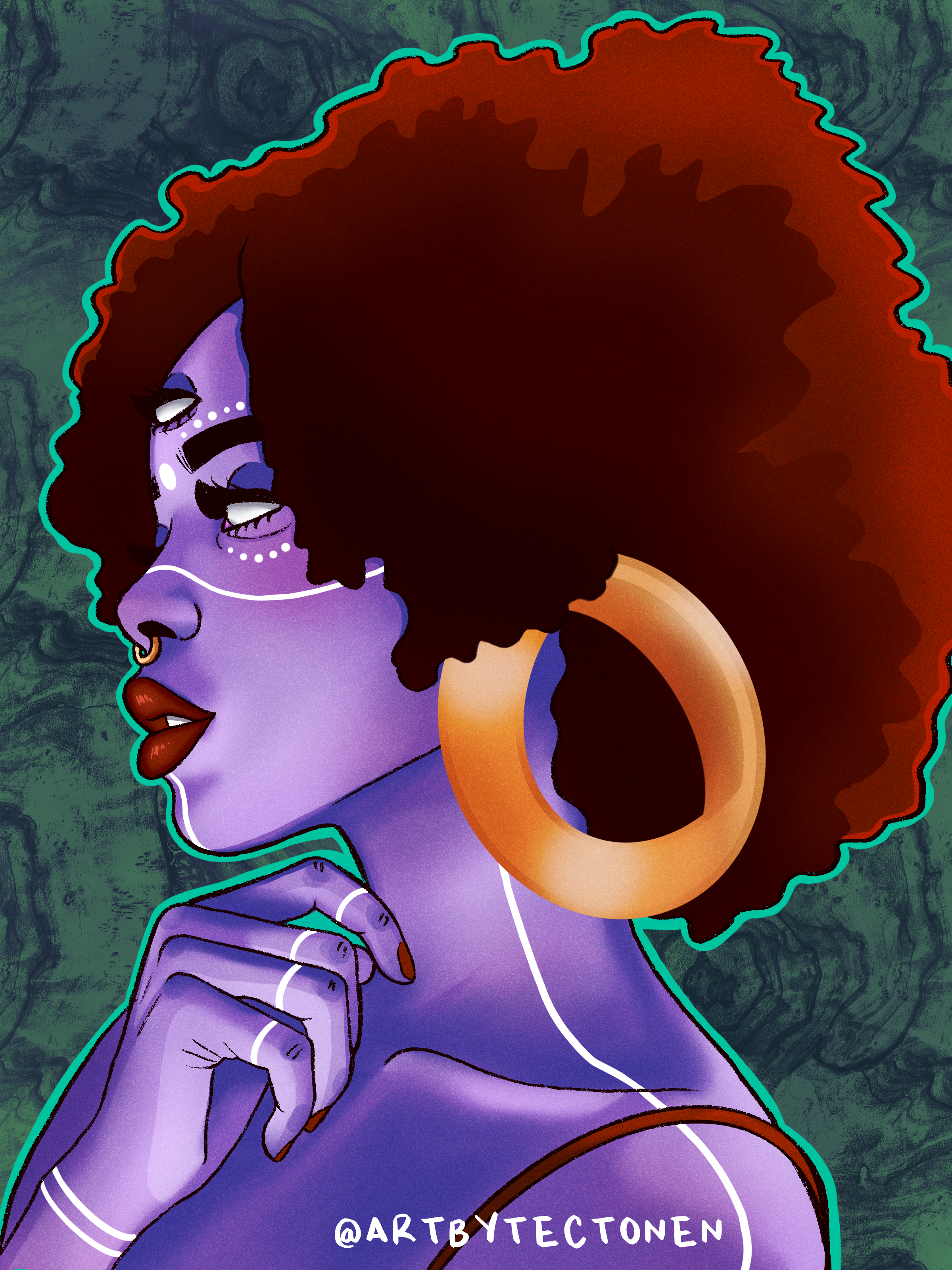 Digital illustration of a woman with purple skin and curly red hair. She is depicted in a side profile with her hand near her face, wearing large orange hoop earrings and red lipstick. The background is green with abstract textures, and the artist's Instagram handle '@artbytectonen' is written at the bottom.