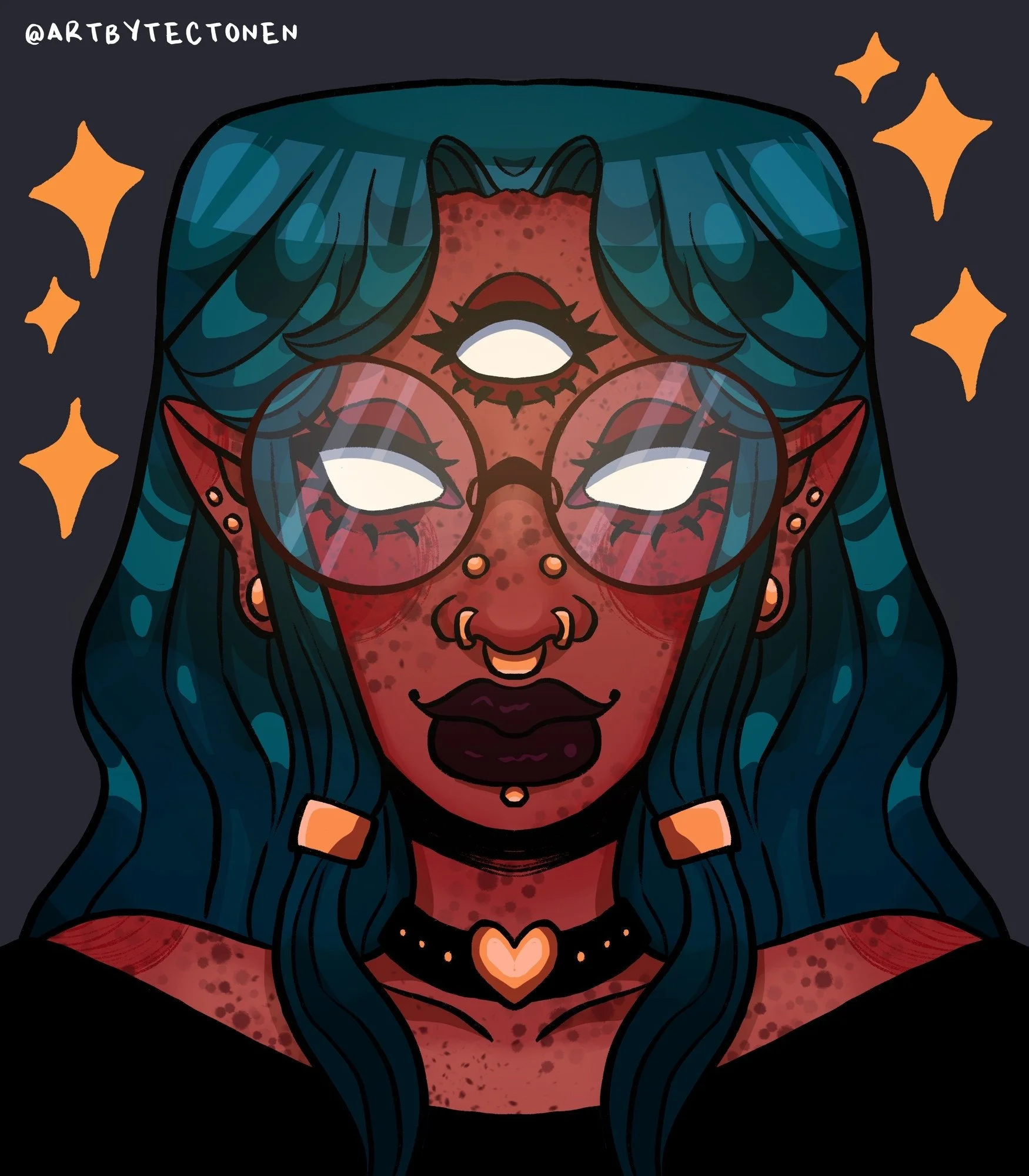 Digital art of a woman with dark skin, blue hair, elf-like pointed ears, and closed eyes. She has freckles, a heart-shaped pendant on a black choker, and sunlight sparkles around her on a dark background.