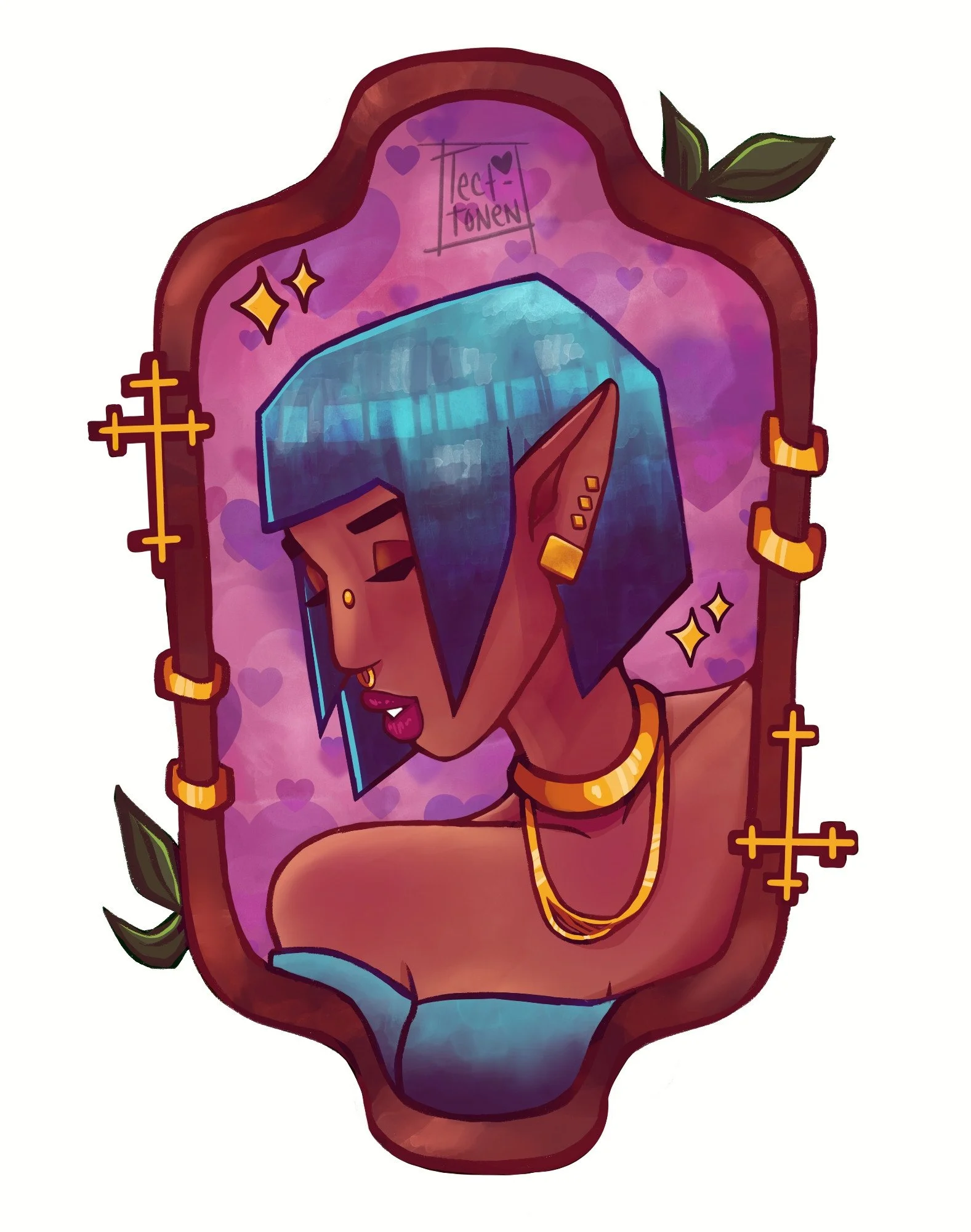 A colorful digital illustration of a female elf princess with blue hair, surrounded by a decorative frame with leaves and stars, and the artist's signature written at the top.