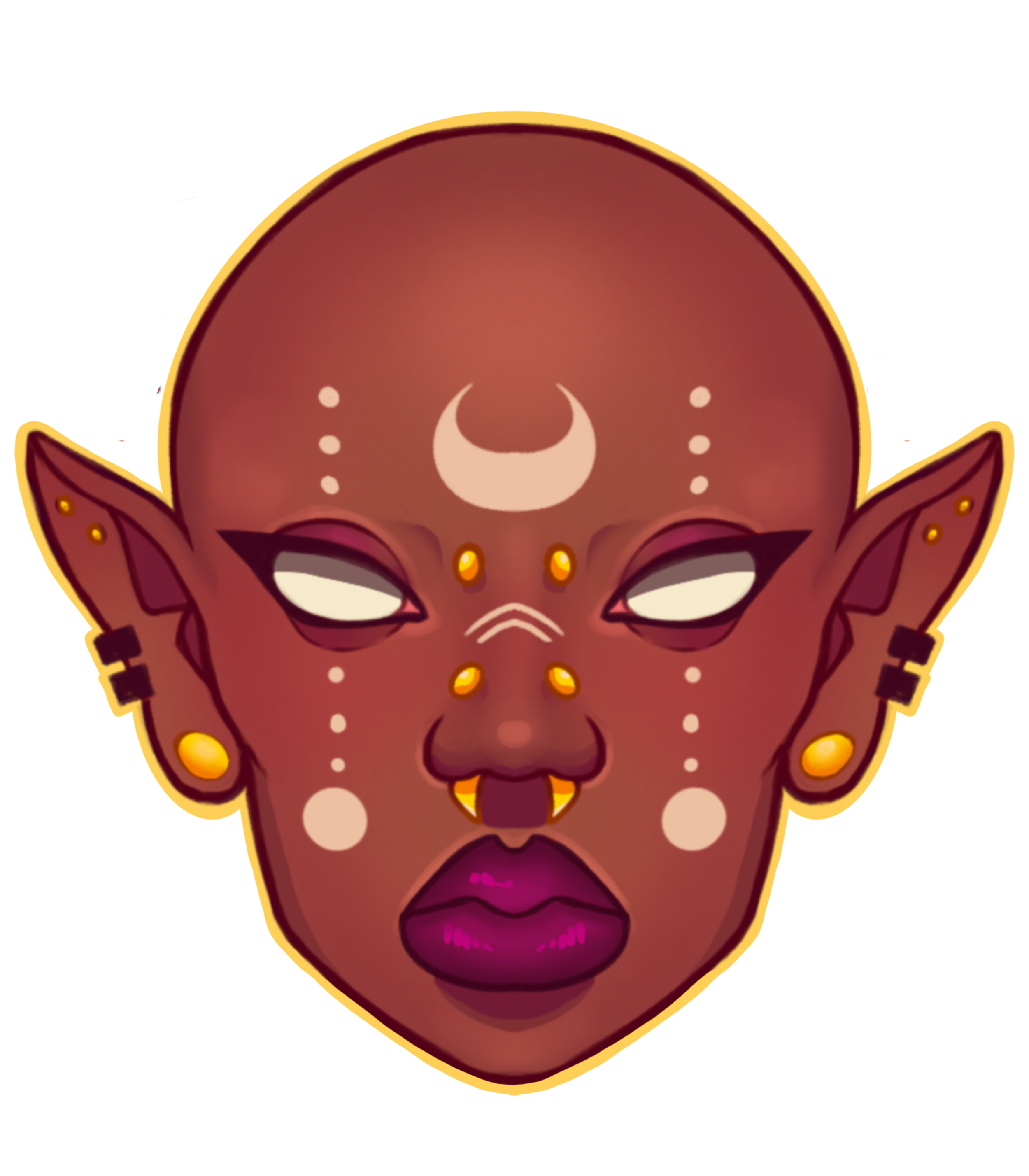 A stylized illustration of a mythological creature's face with large ears, white eyes, and decorative markings. The face is reddish-brown with yellow accents, and the creature has a spiritual or tribal aesthetic.
