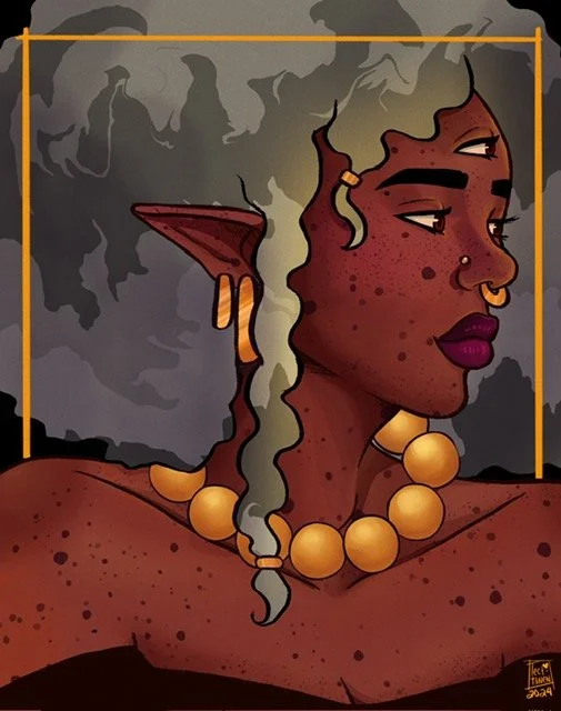 Digital illustration of a dark skin elf woman with beaded jeweler, and cloud like ash grey hair. 