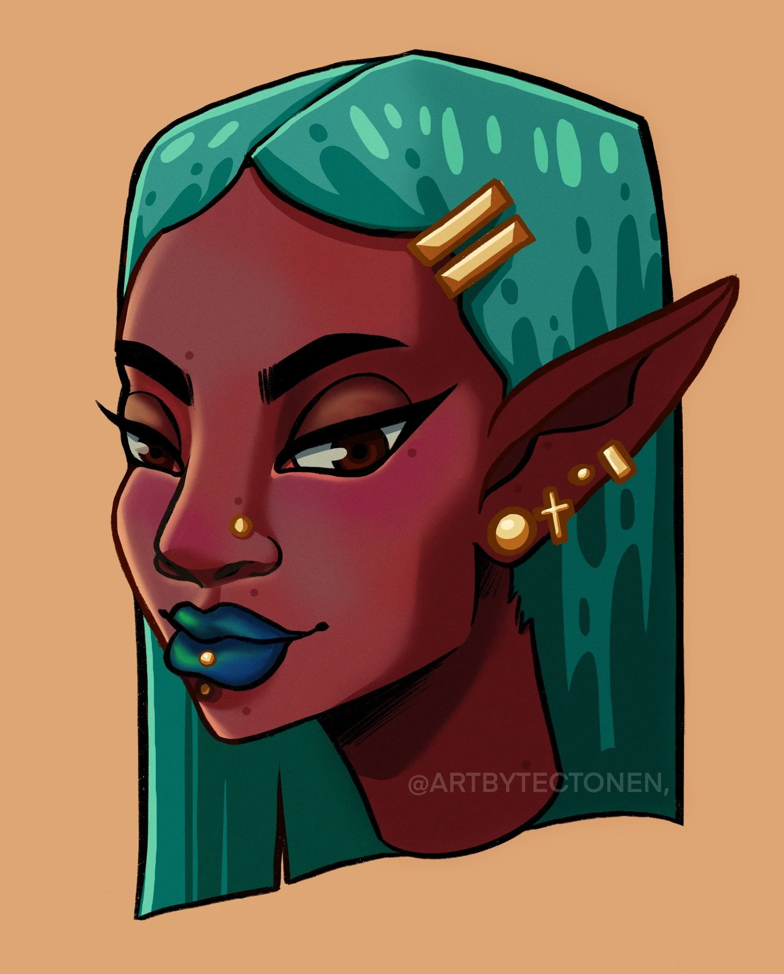 Digital illustration of a fantasy elf woman with pointed ears, teal hair, and makeup, wearing gold accessories, with bold outlines and vibrant colors.