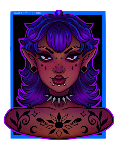 Digital illustration of a fantasy elf female with purple hair, pointed ears, and tattoos, wearing a spiked choker.