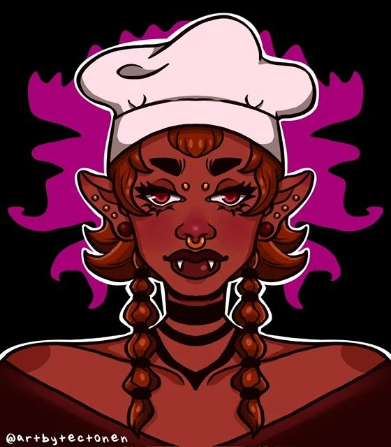 Digital drawing of a fantasy vampire woman with dark skin, pointed ears, and red eyes, wearing a white chef's hat and with purple/pink flames in the background.