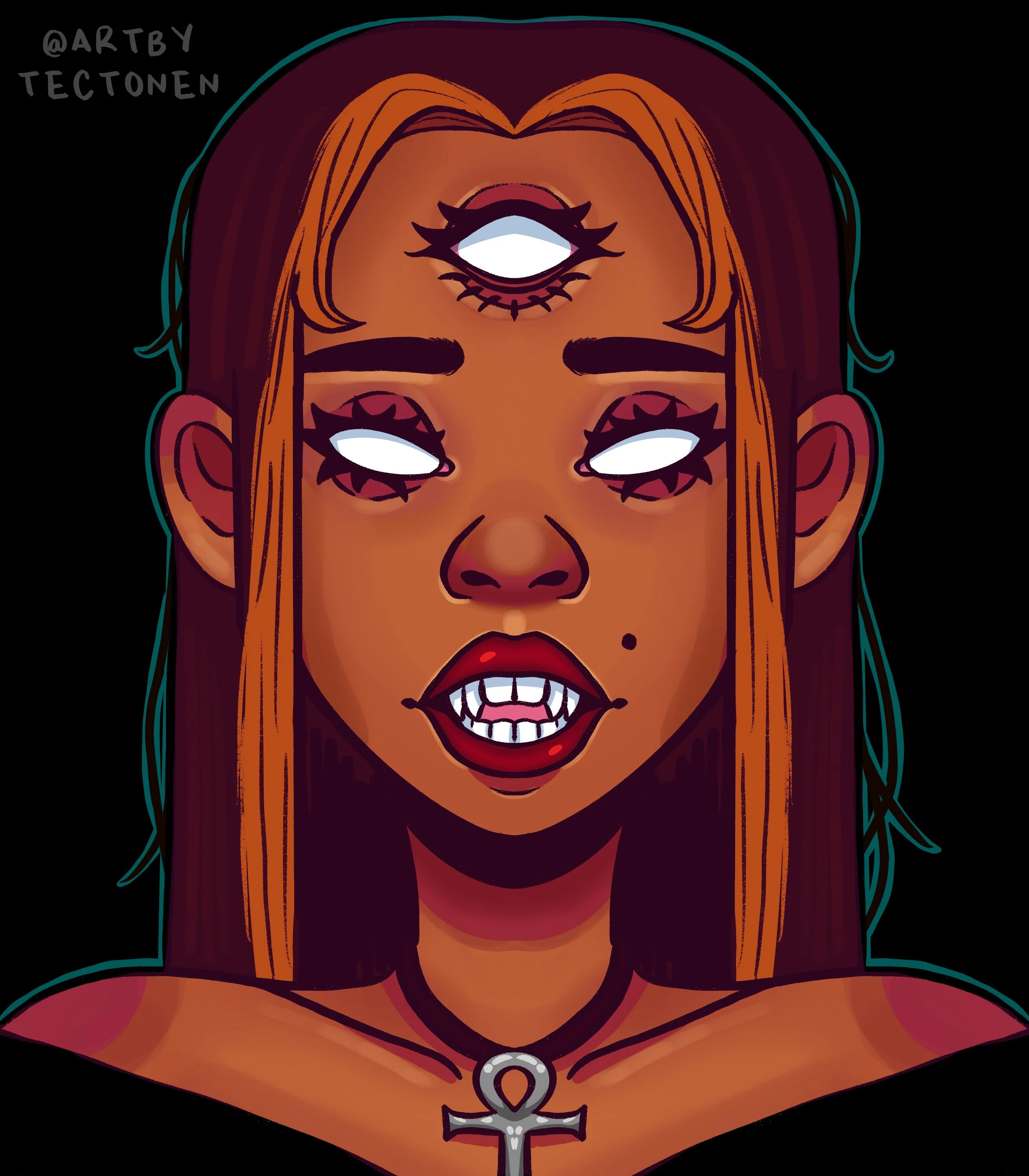 Digital illustration of a woman with orange hair, dark skin, and makeup, with a third eye on her forehead and multiple eyes on her face. She wears an ankh necklace and has a confident expression.