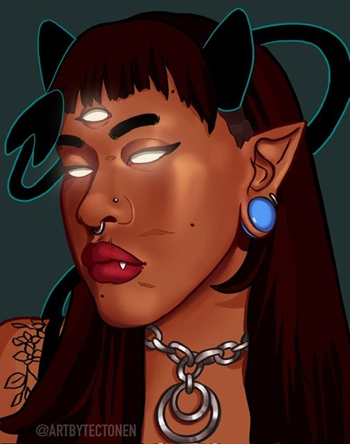 Digital illustration of a female demon with cat like horns and a tail wrapping around in the background. She has three glowing white eyes, multiple piercings, and bold makeup upon a dark background.