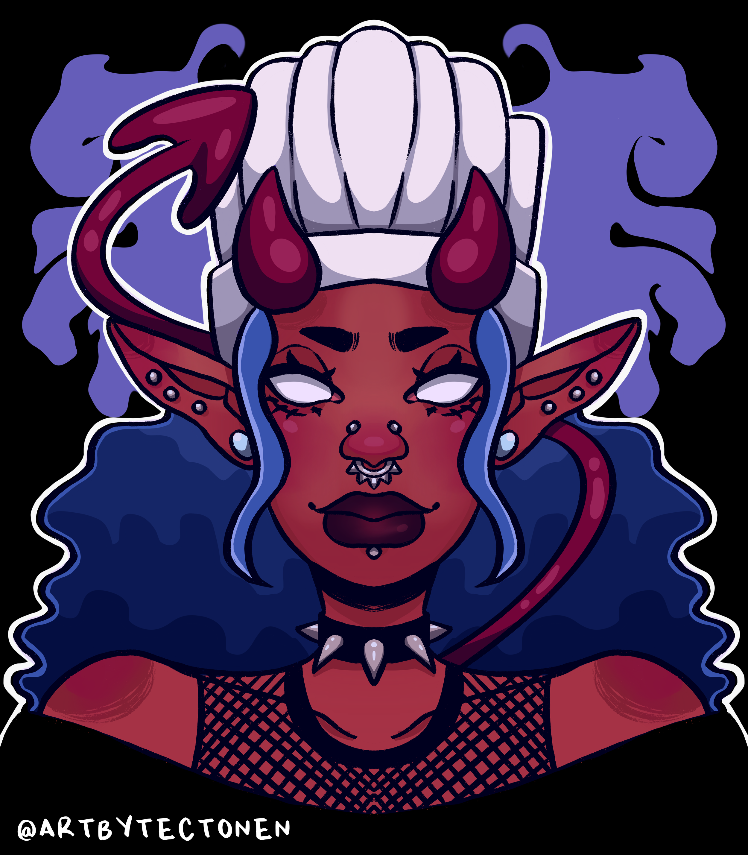 Digital illustration of a demon girl with horns, fangs, and red skin, wearing gloves and fishnet clothing, with purple smoke behind her and her eyes closed.
