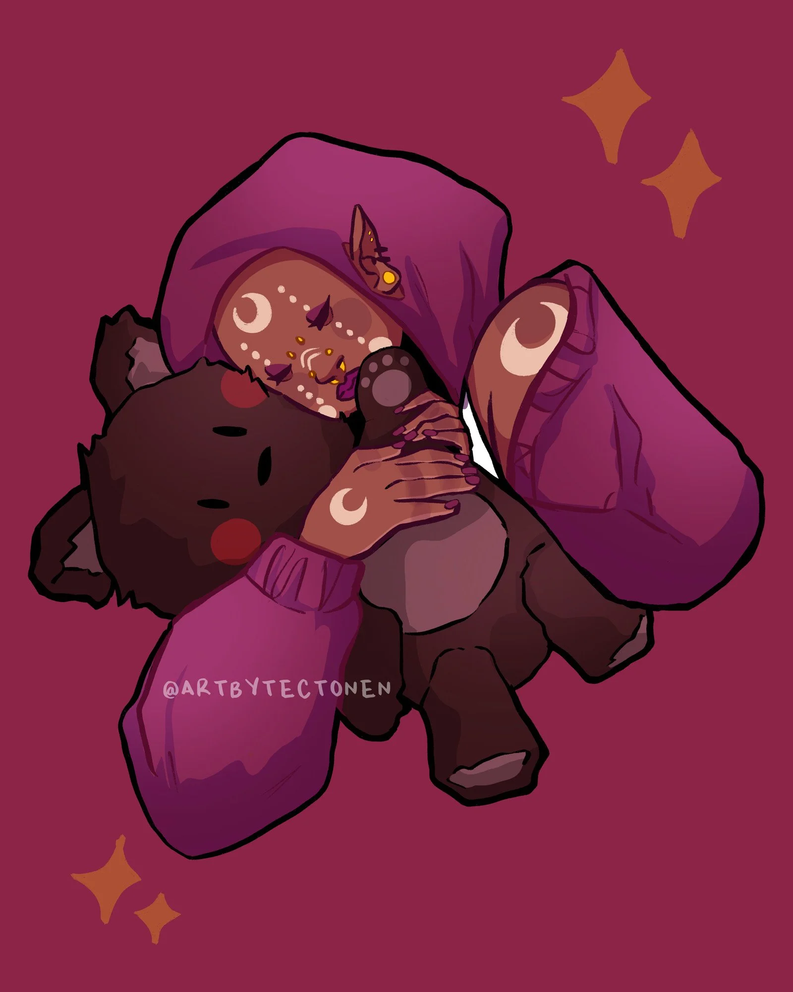 A digital illustration of a female elf wearing a purple hoodie, holding a teddy bear, with a dark purple background and gold star-like shapes.