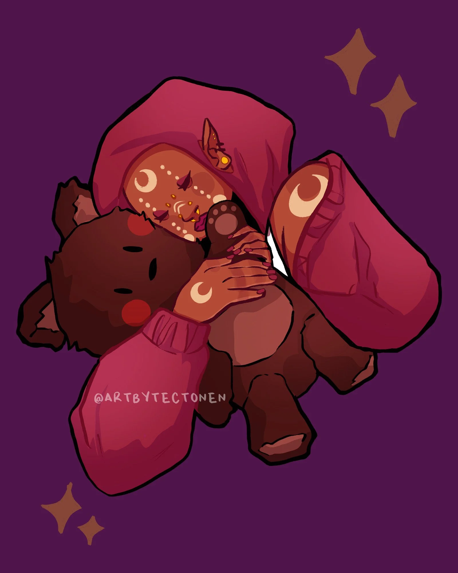 A digital illustration of a female elf wearing a pink hoodie, holding a teddy bear, with a dark purple background and gold star-like shapes.