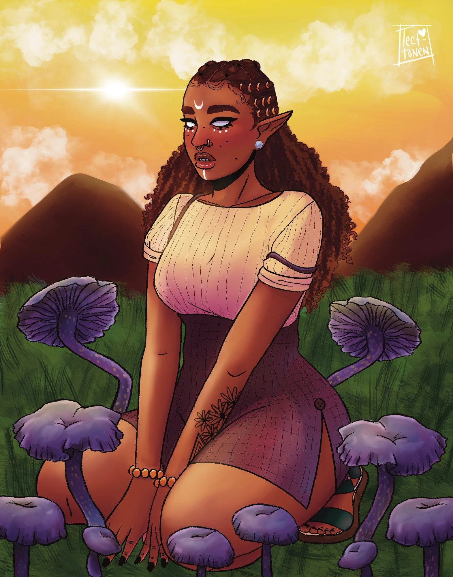 Digital art of a female elf with dark skin, curly hair, and pointed ears, sitting outdoors surrounded by purple mushrooms against a warm, cloudy sky at sunset.