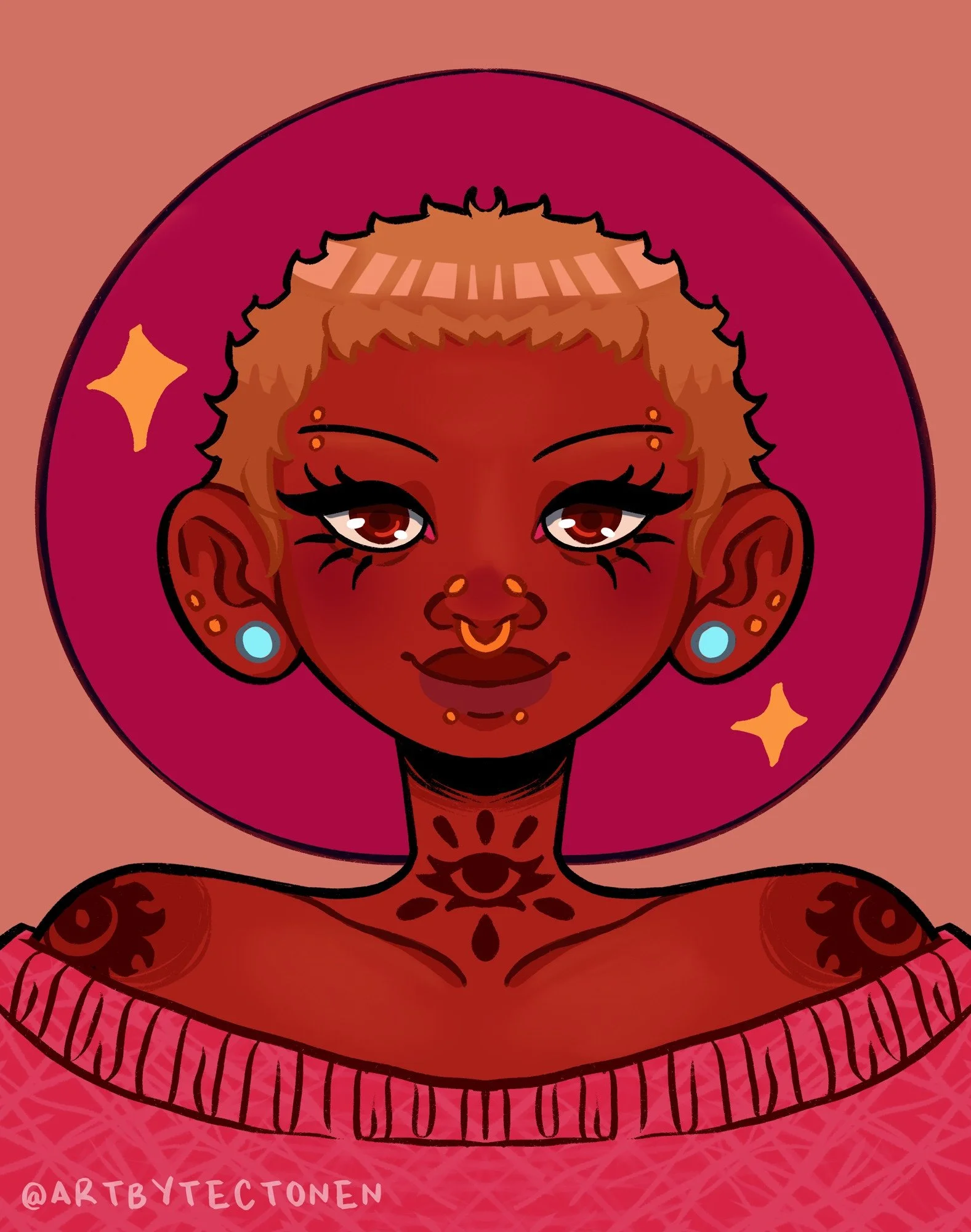 A stylized digital illustration of a woman with dark skin, large expressive eyes, and tattoos on her shoulders and chest. She has short, curly hair. The background is a peach color  and the artist's signature is in the bottom left corner.