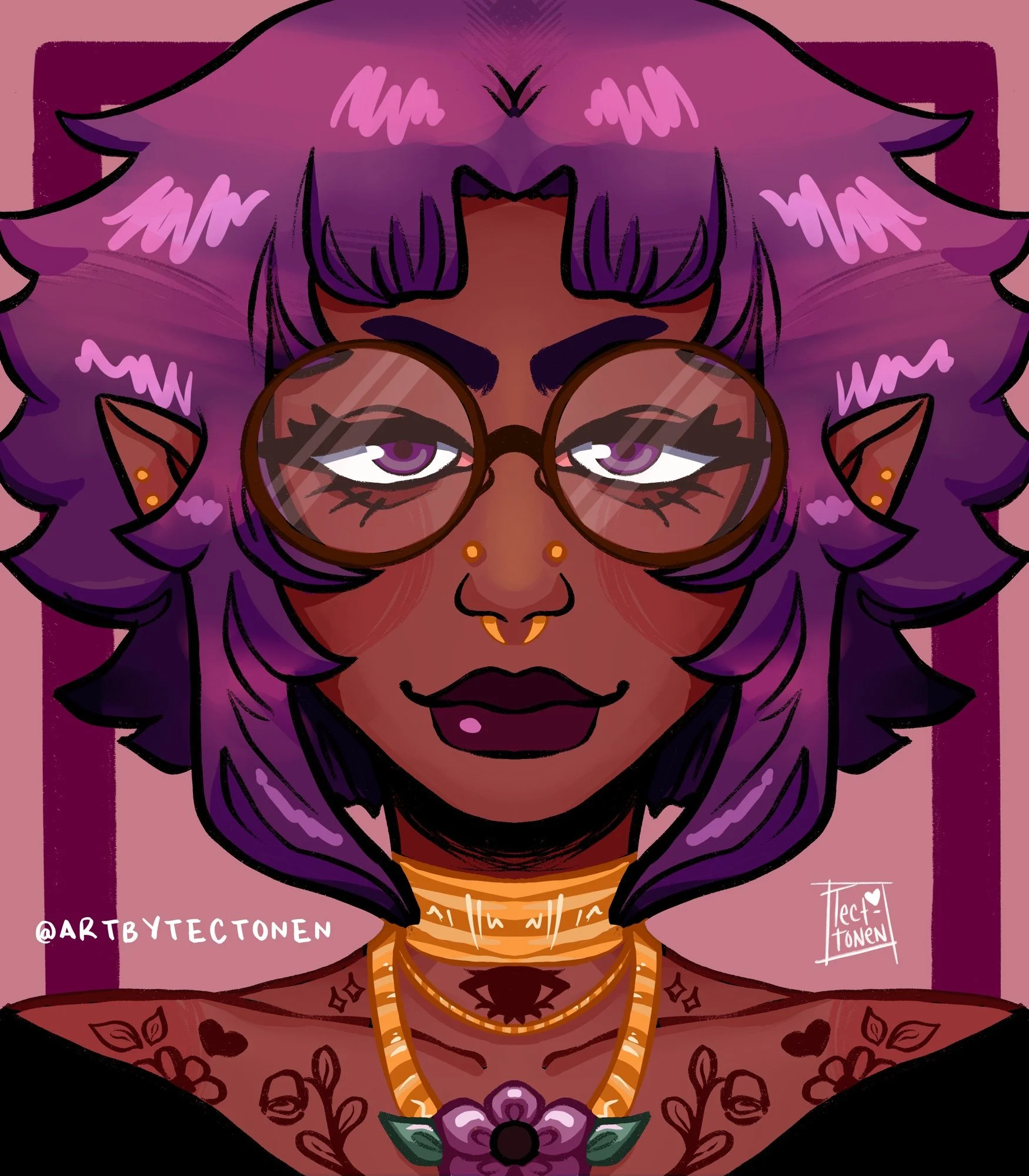 A digital illustration of a woman with purple hair and glasses. She has dark lipstick, multiple nose piercings, and tattoos on her chest. She is wearing gold jewelry, including a necklace and earrings, with floral and heart tattoos on her body. The b