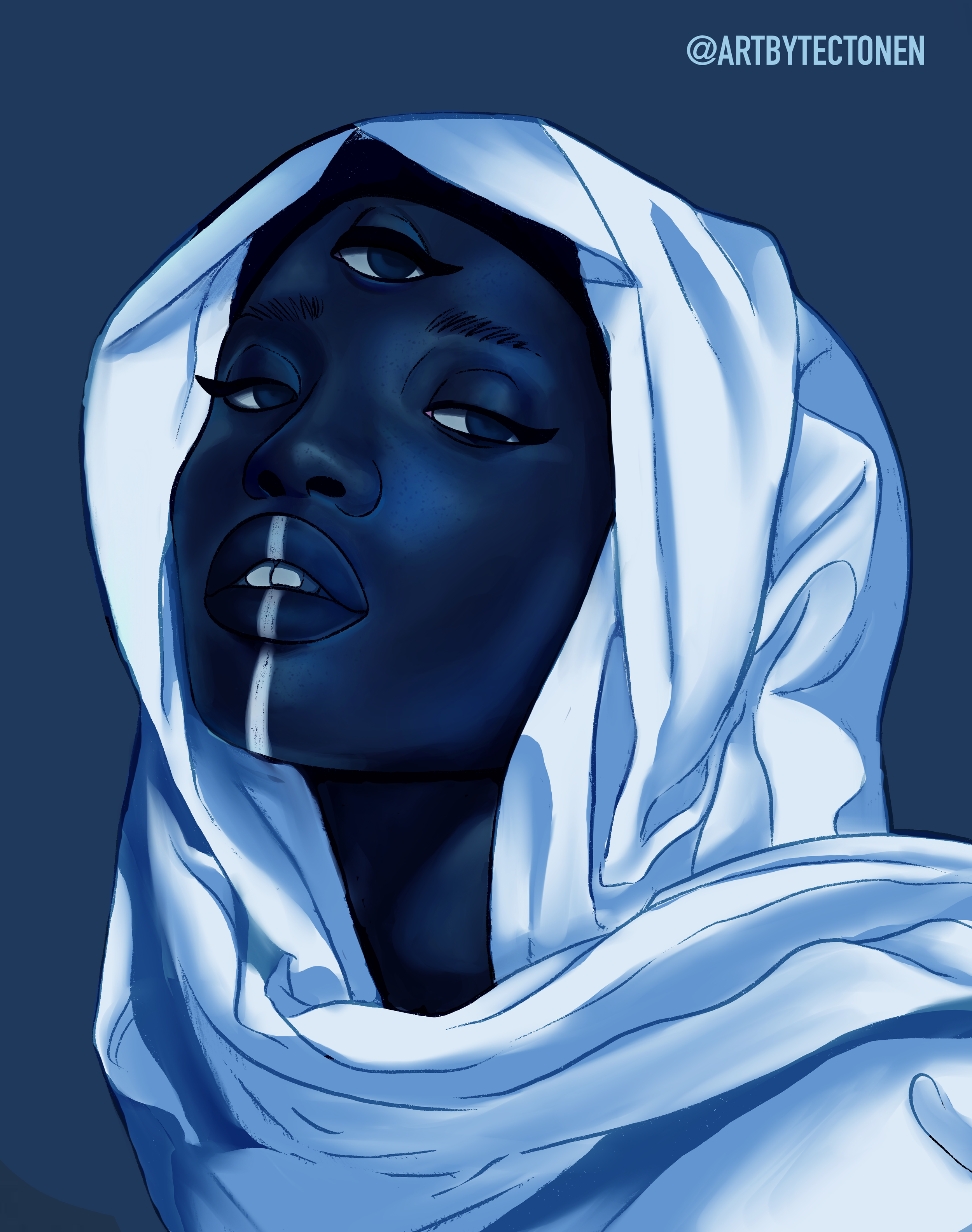 A stylized digital portrait of a person with dark skin, wearing a white headscarf, set against a dark blue background. The person's expression is relaxed with slightly parted lips and partially closed eyes.