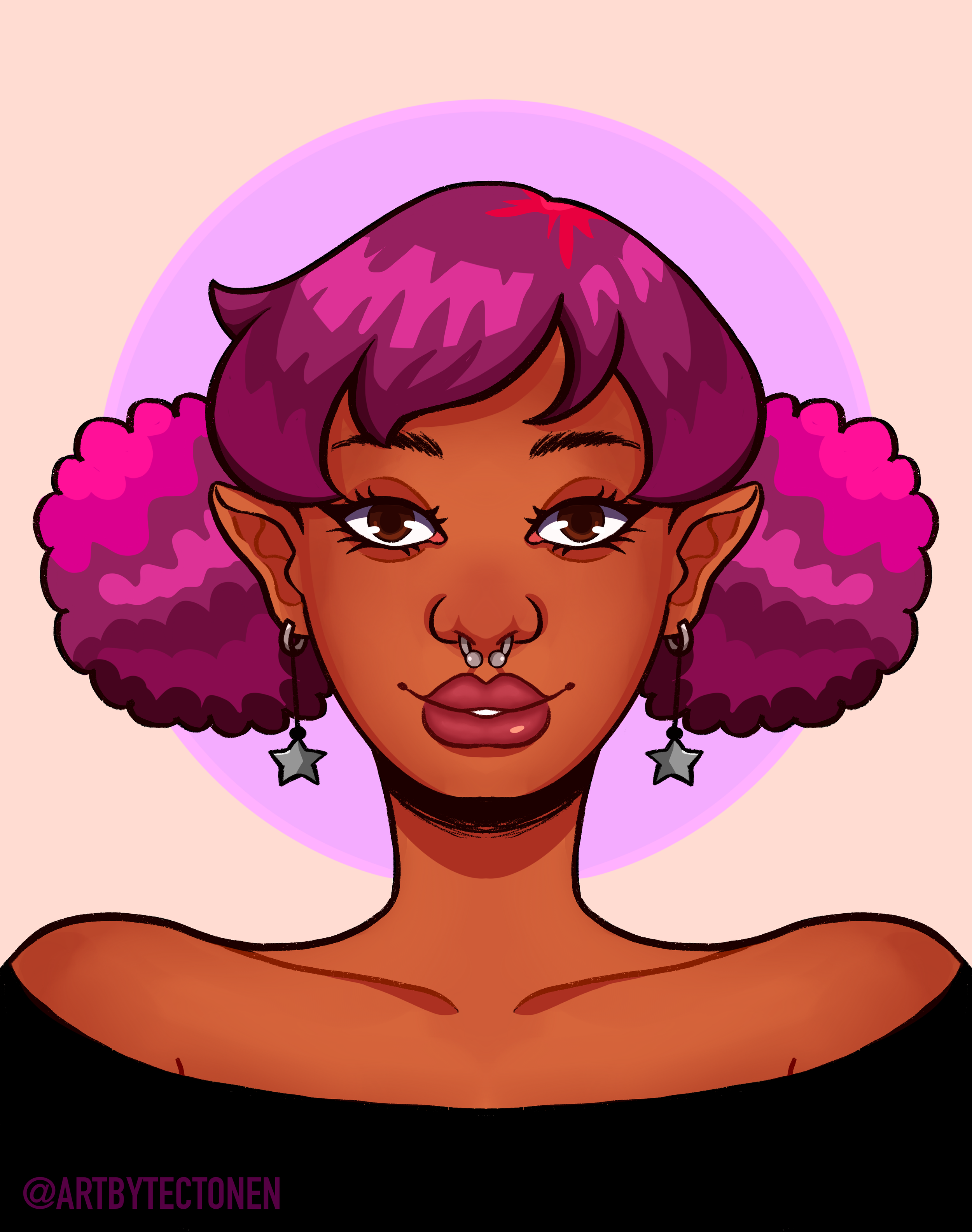 Digital illustration of a woman with dark skin and purple hair with pink highlights, pierced septum, star earrings, and pointed elf-like ears. She is on a purple circular background with a pinkish hue.
