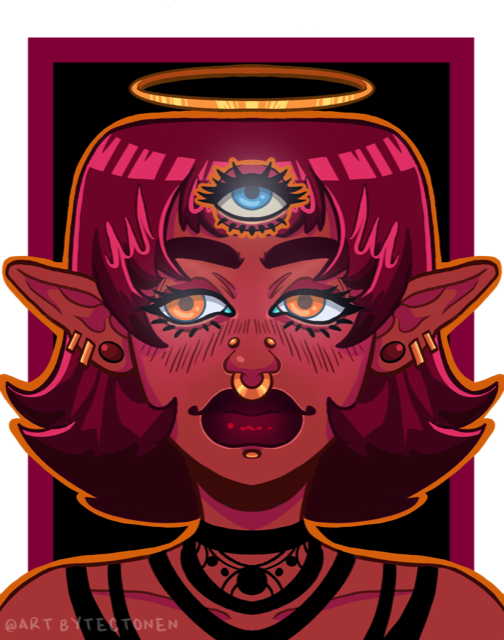 Digital illustration of a three-eyed female elf with large ears, tattoos, and jewelry, with a halo above her head, set against a dark background.