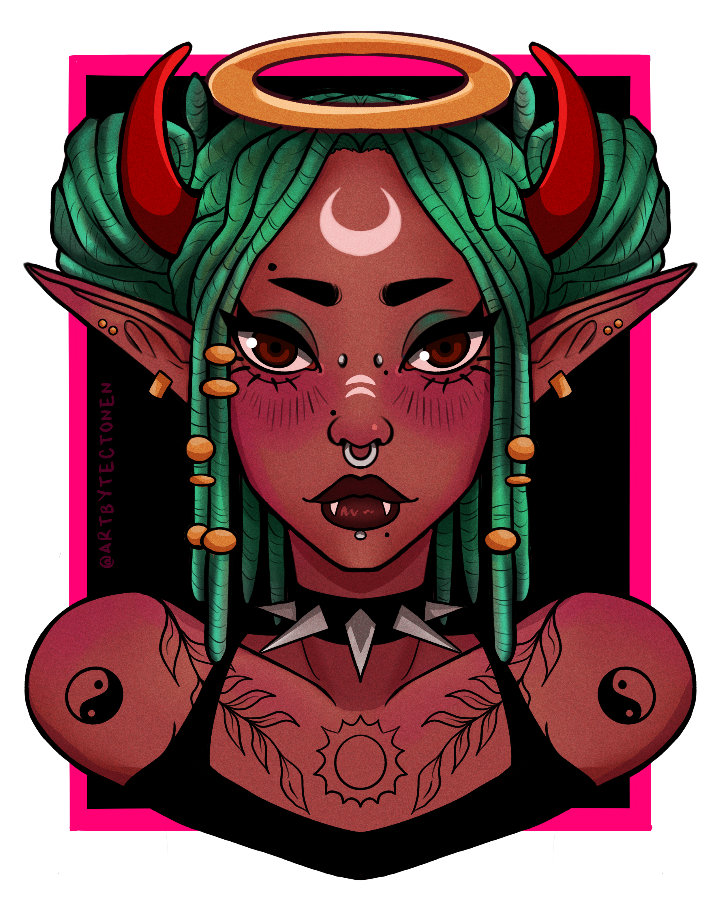Digital illustration of a female demon with green hair, horns, and multiple tattoos, wearing a spiked necklace, depicted in a cartoon style with dark and vibrant colors.