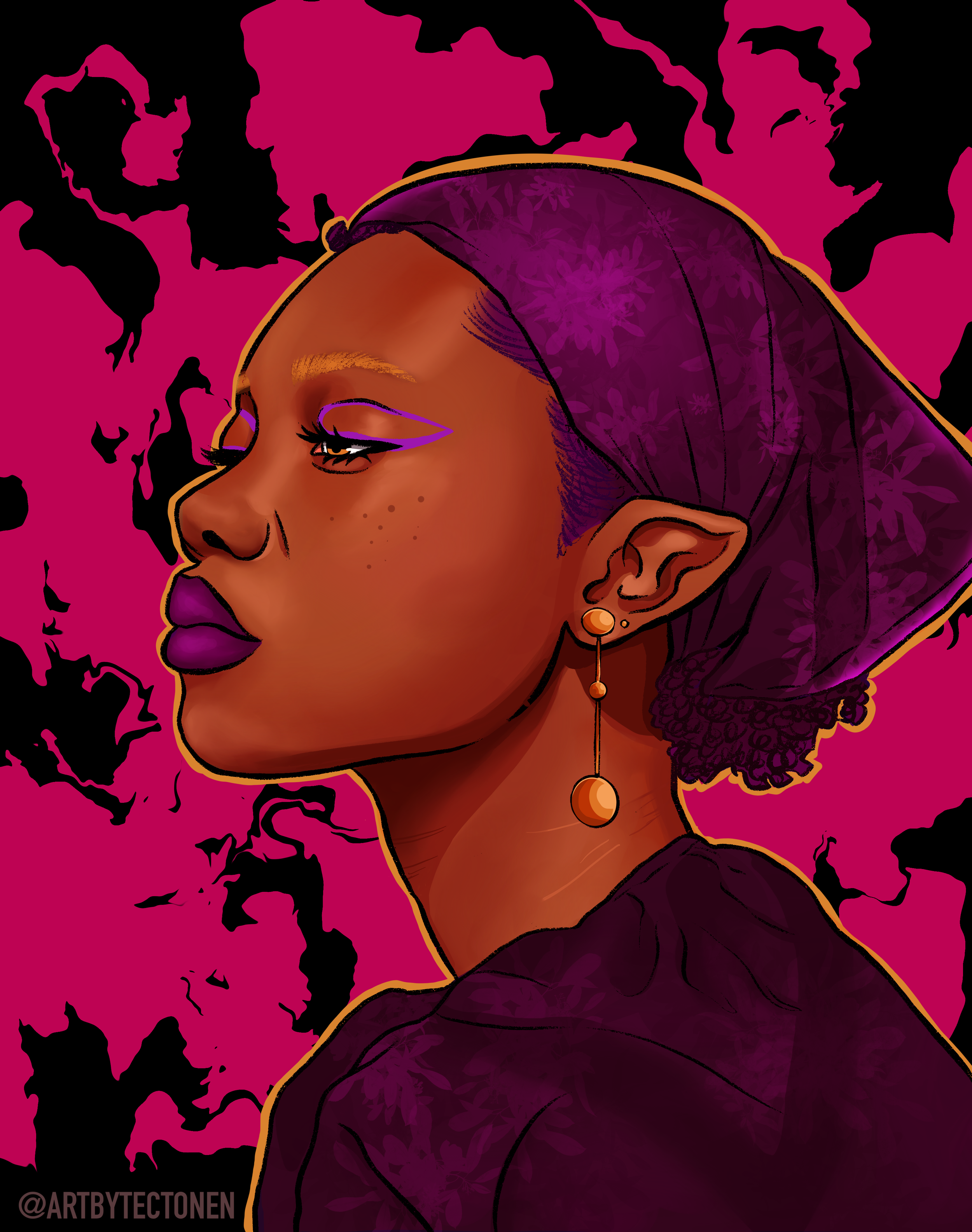 Digital illustration of a woman in profile with dark purple hair, adorned with jewelry, against a vibrant pink and black abstract background.